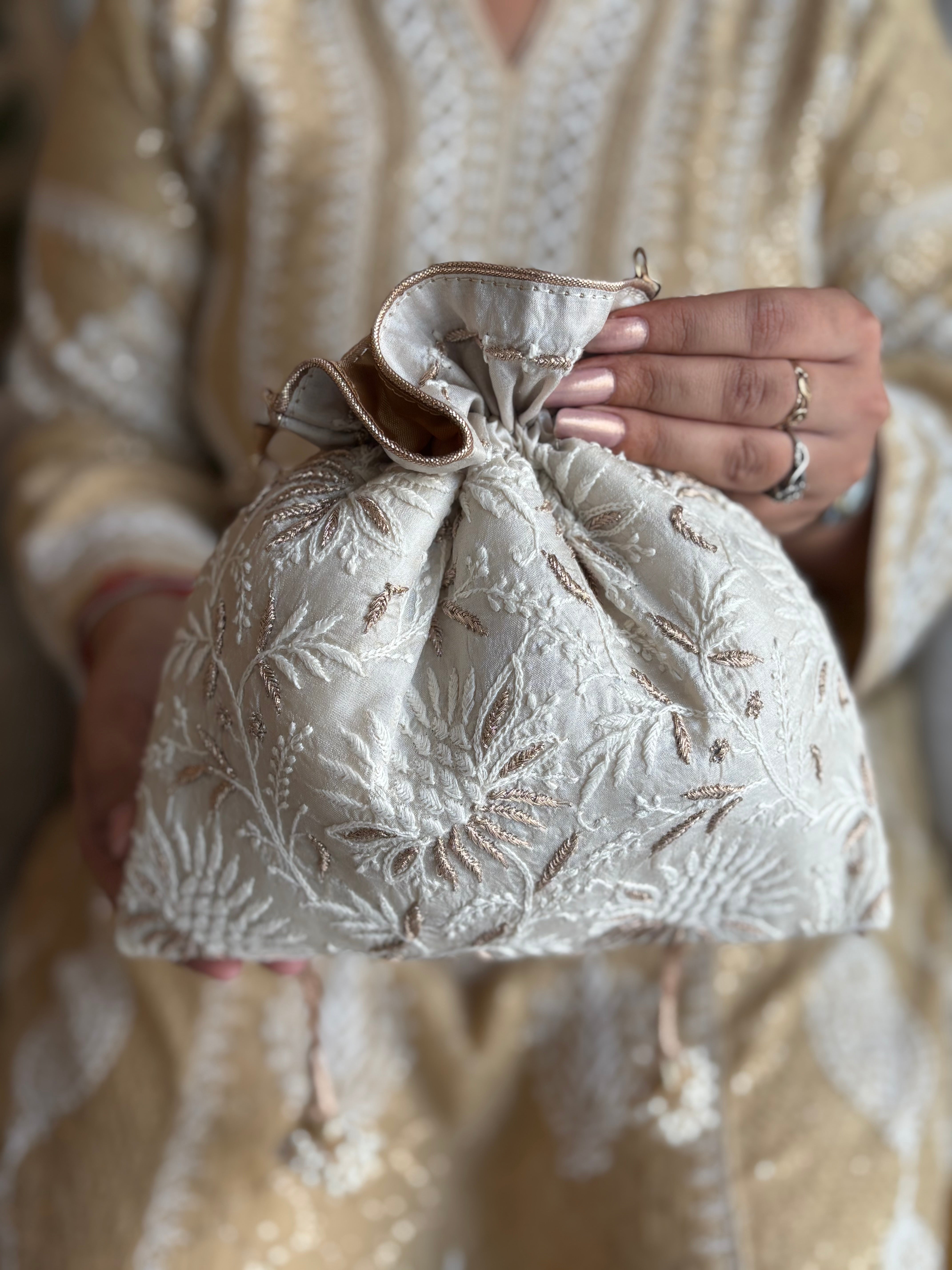 Ivory Silk Chikankari Potli