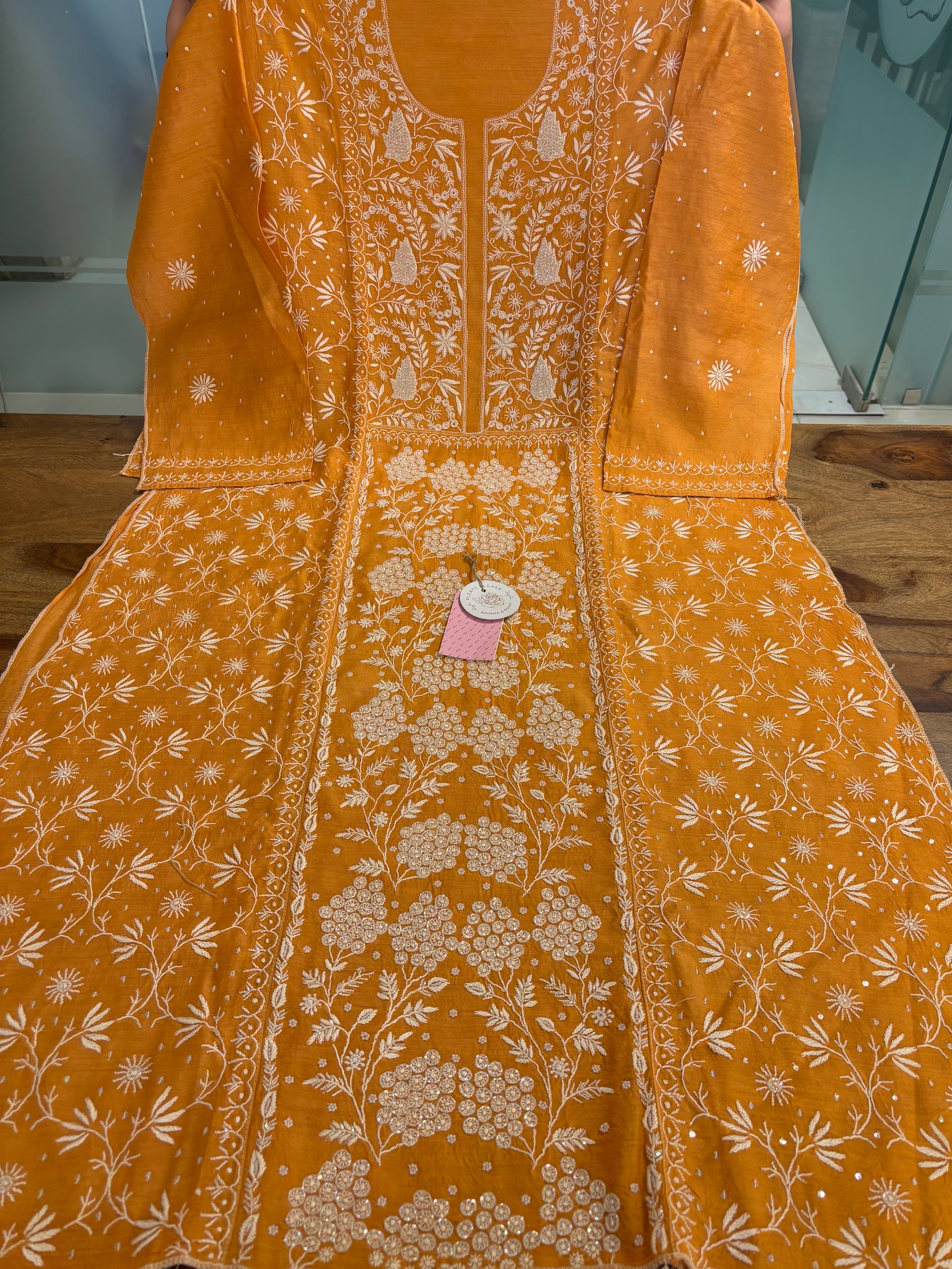 Orange Monga Silk Chikankari Kurta Dupatta Set