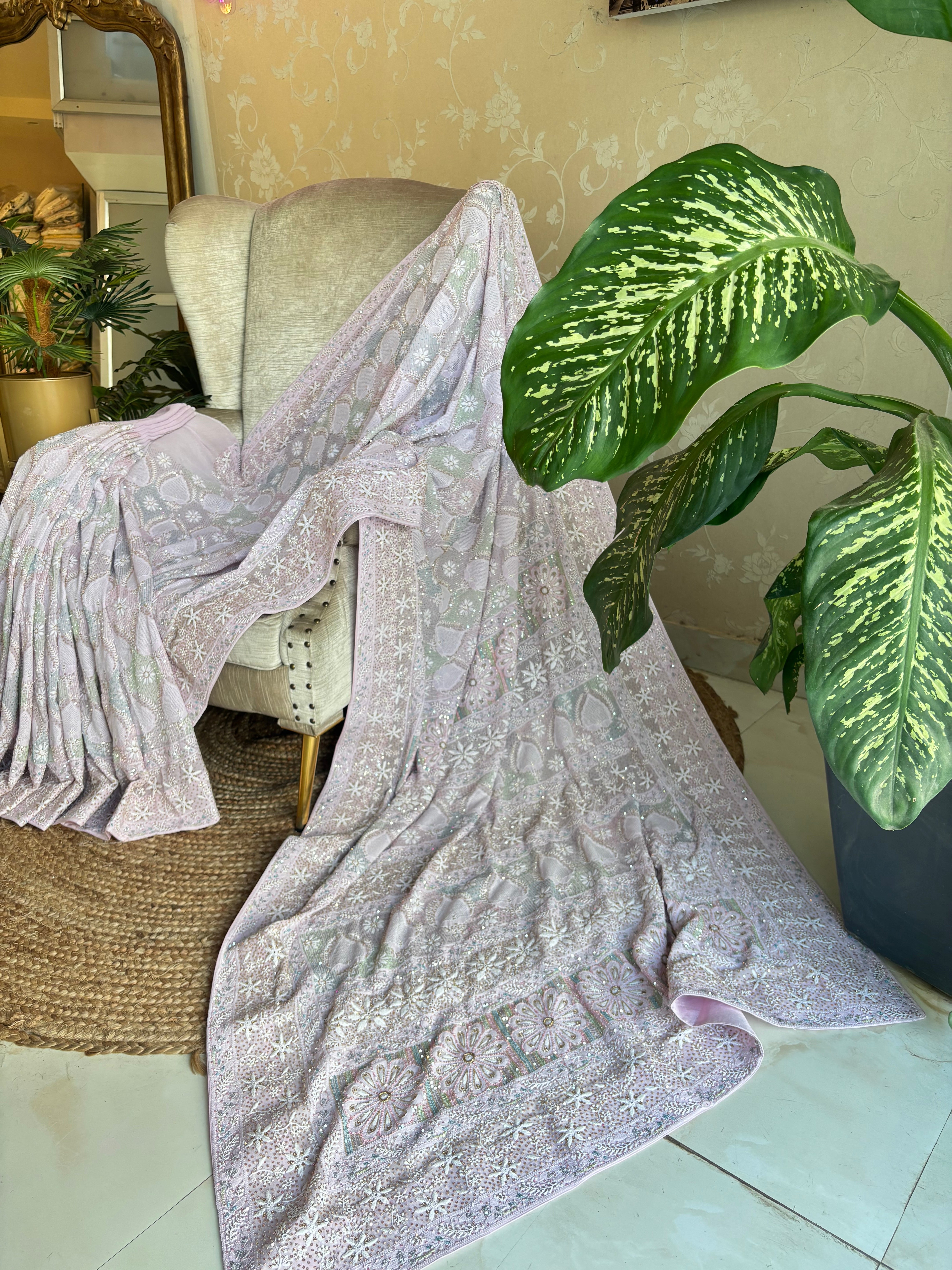 Lilac Pure Georgette Chikankari Saree and Blouse
