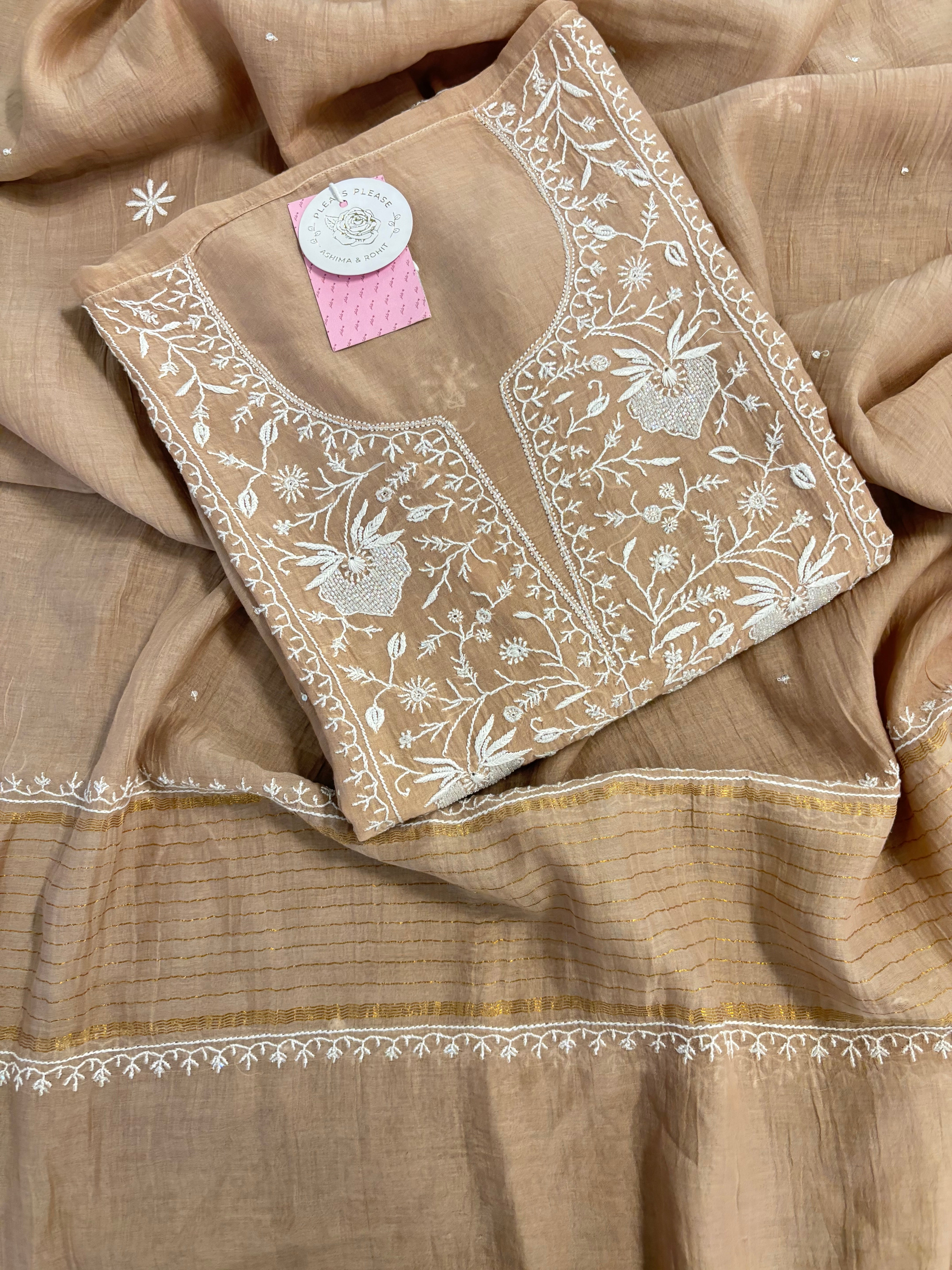 Nude Beige Chanderi Chikankari Kurta & Dupatta