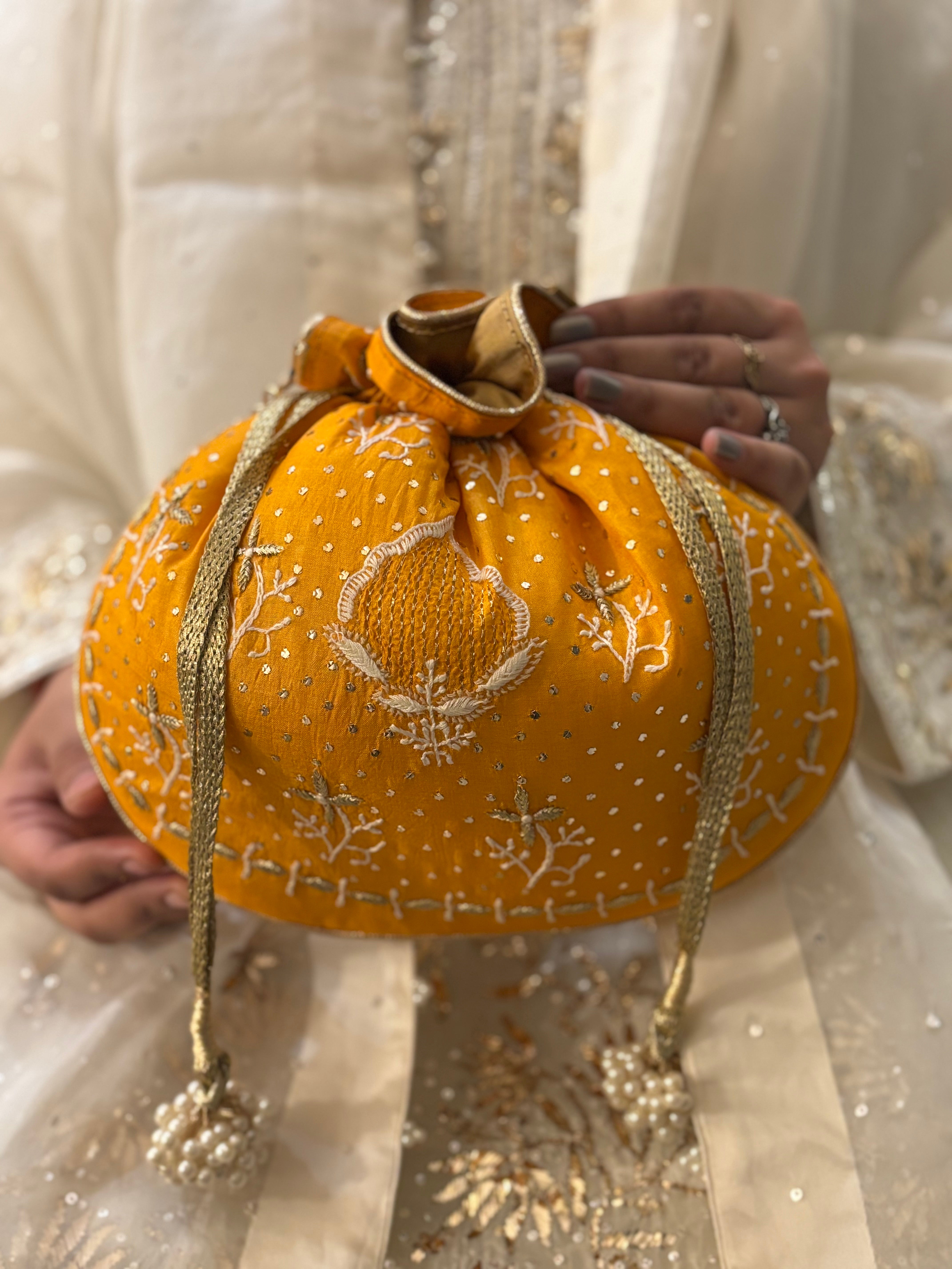 Orange Chikankari & Mukaish Batua