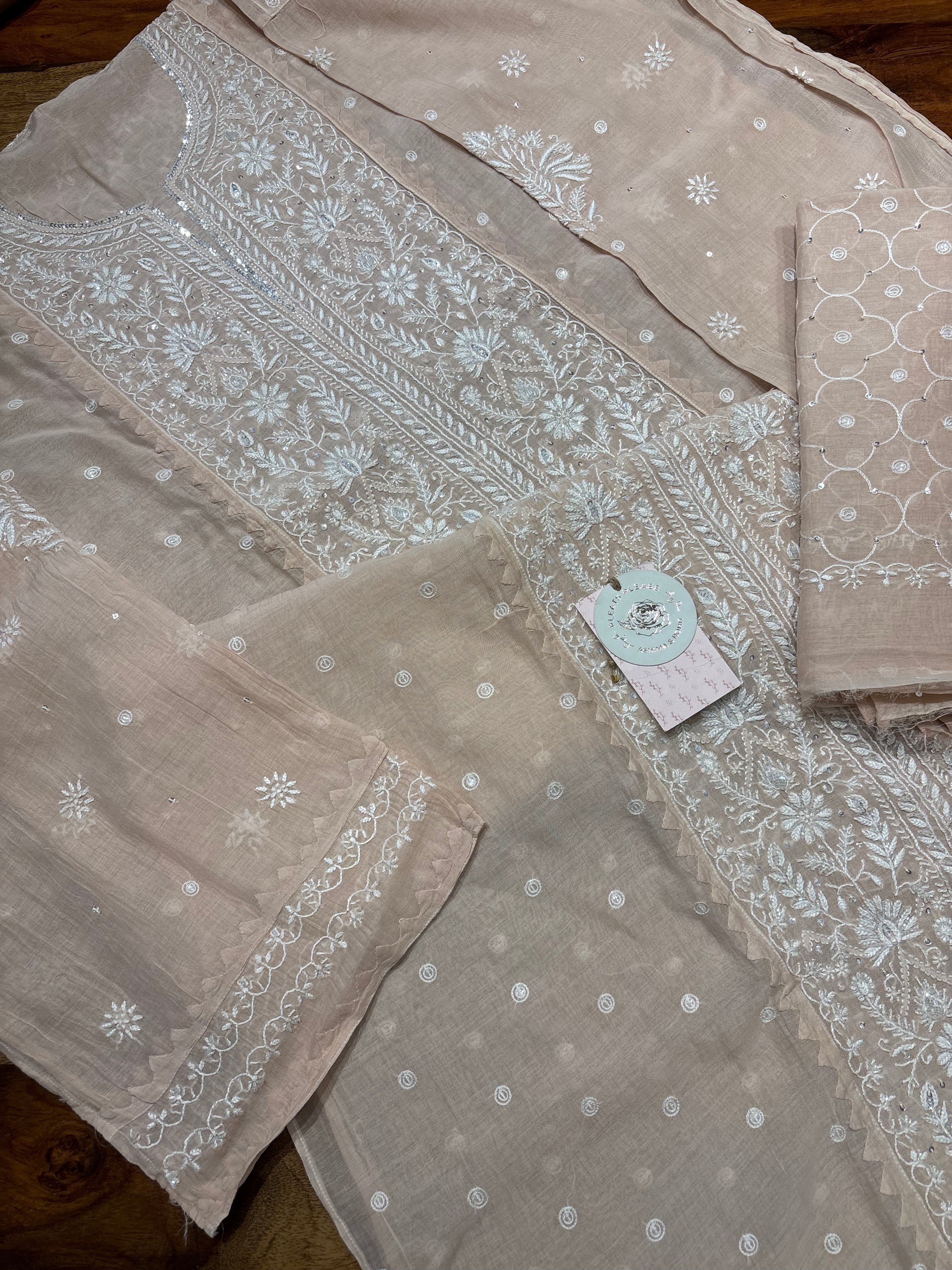 Peach Chanderi Mul Chikankari Kurta and Dupatta