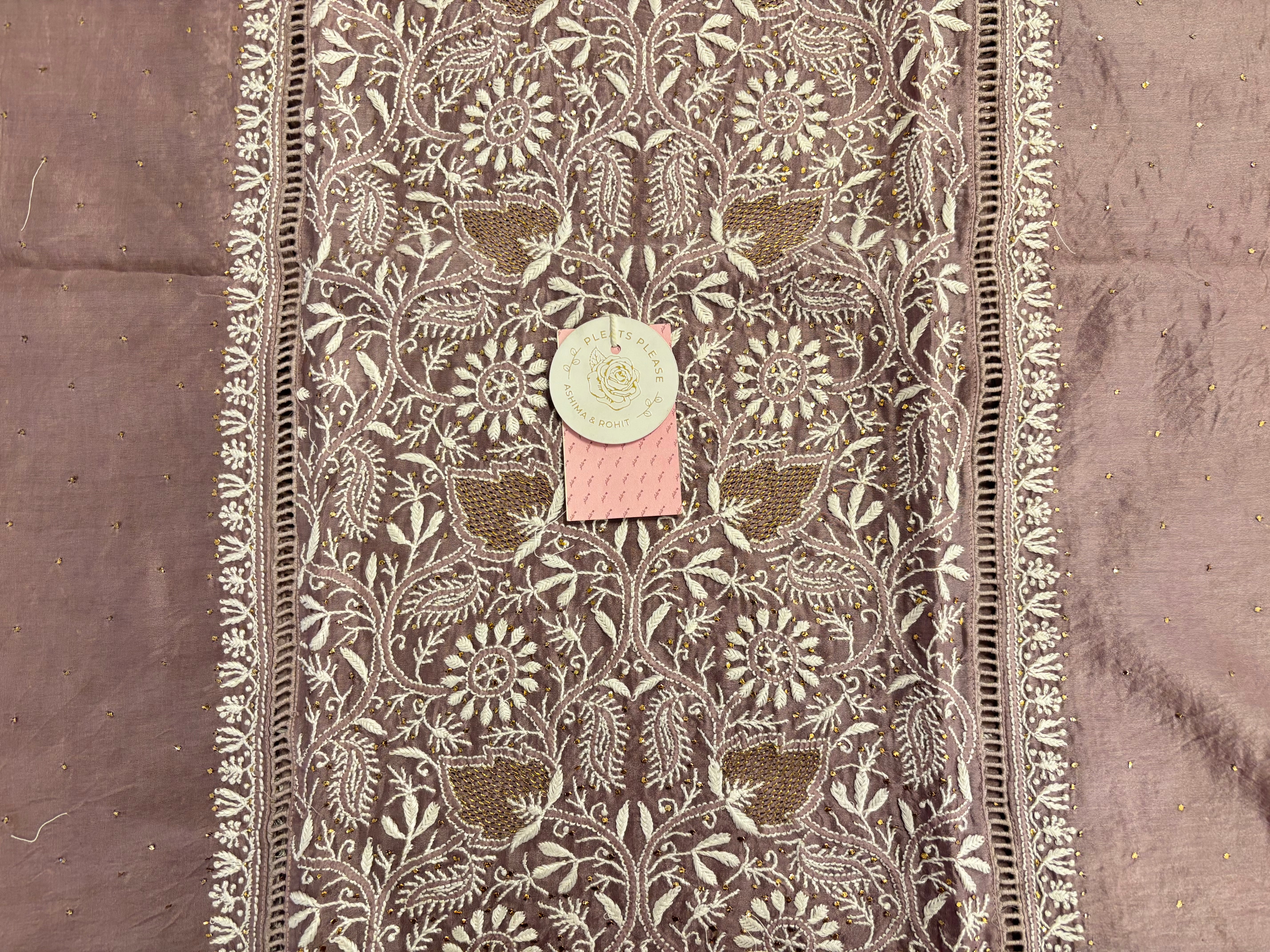 Mauve Chanderi Mukaish Chikankari Kurta & Dupatta - Pleats PleaseChikankari