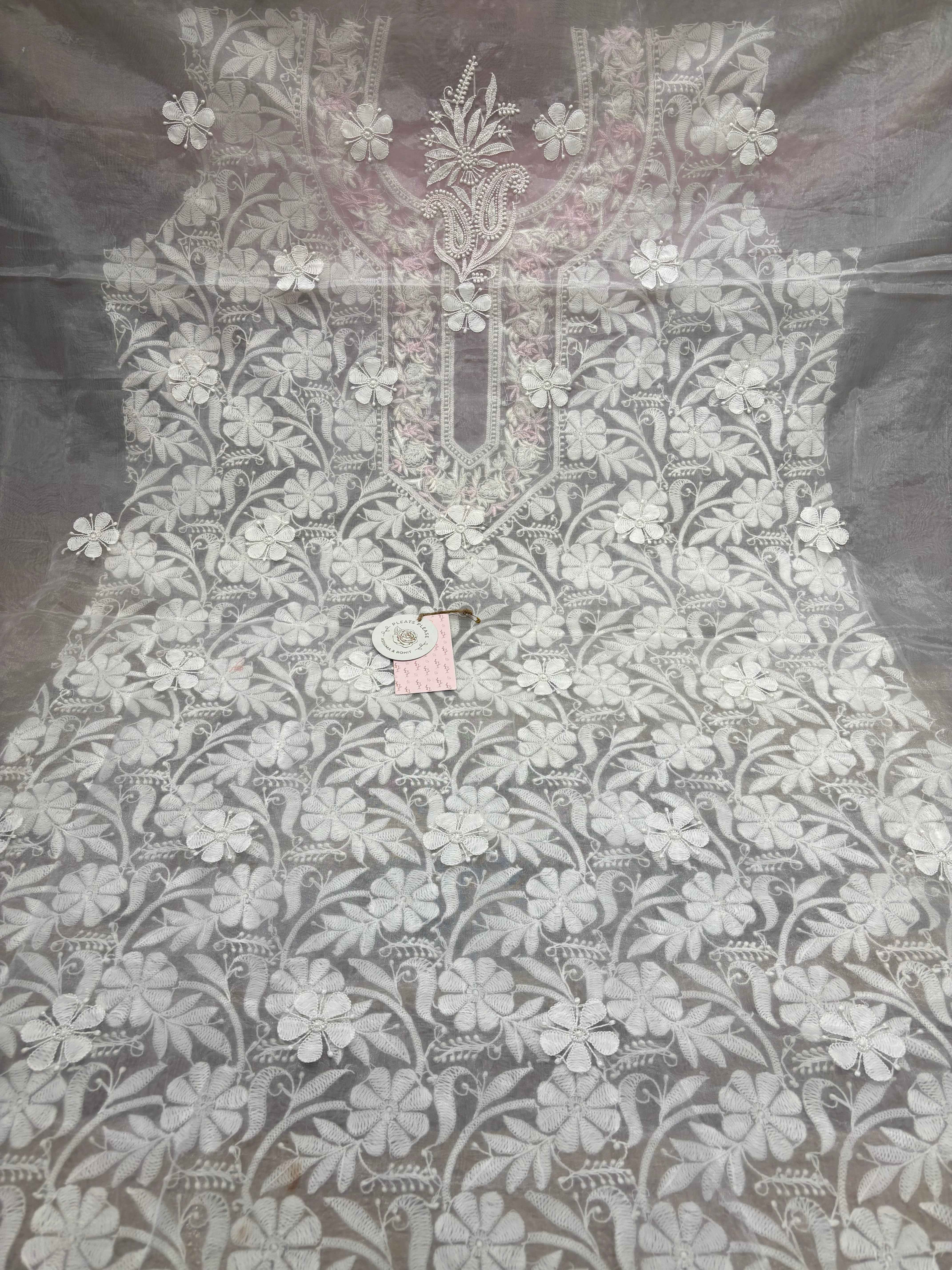 Dyeable Organza Chikankari Kurta Fabric - Pleats PleaseChikankari