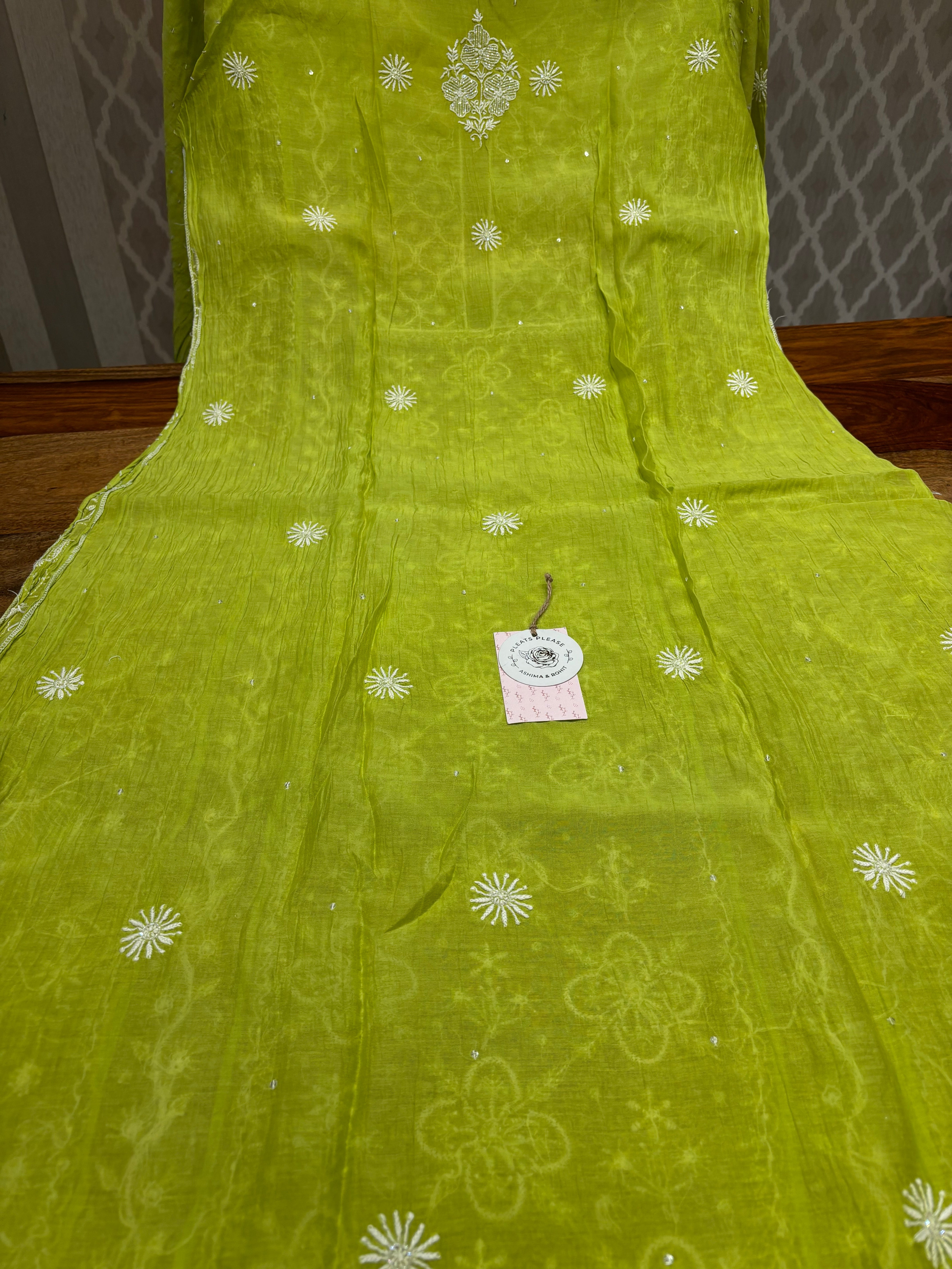 Green Apple Mist Chanderi Mul Chikankari Anarkali And Dupatta Set