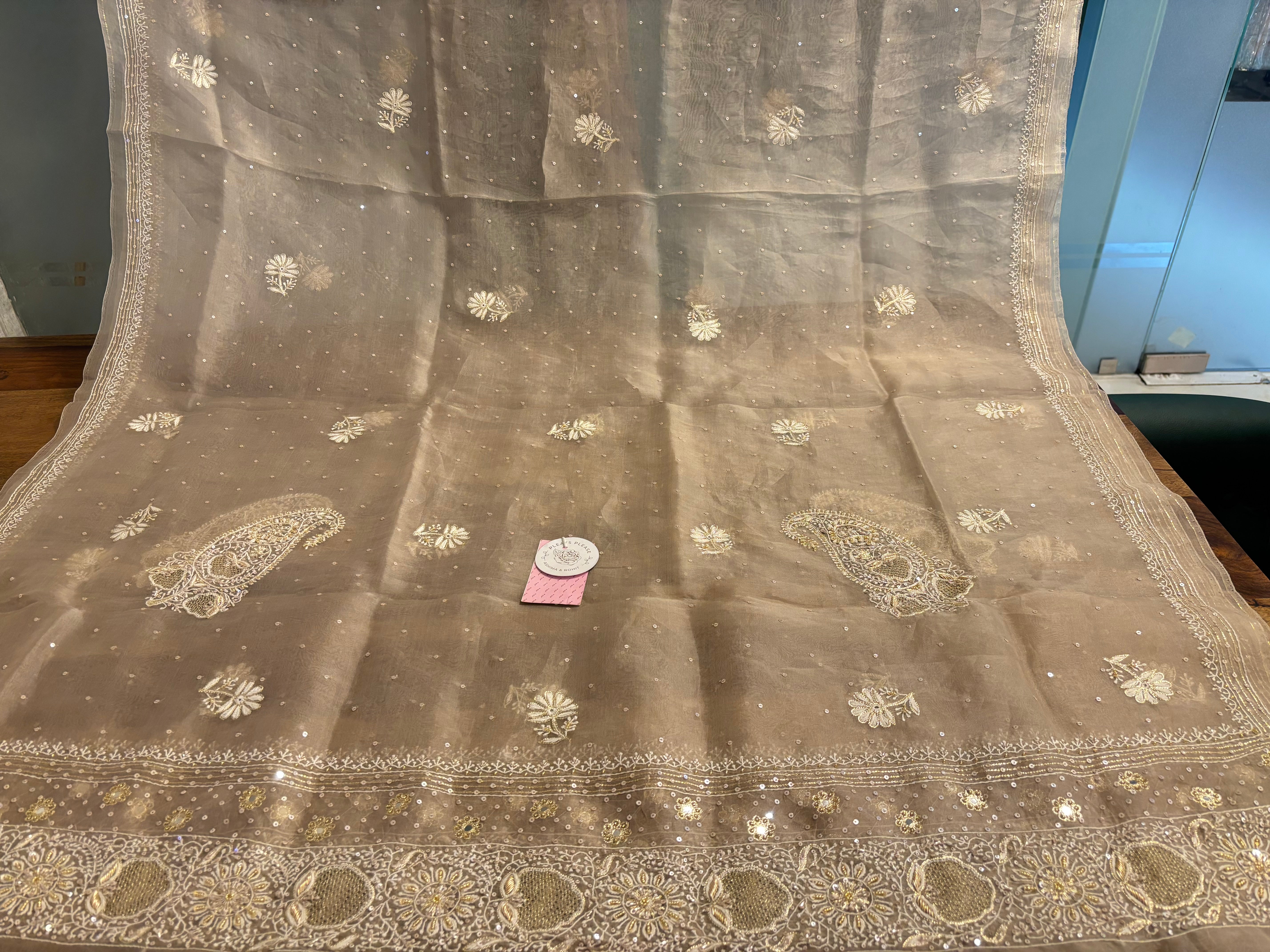 Deep Sand Organza Chikankari Anarkali & Dupatta Set - Pleats PleaseChikankari
