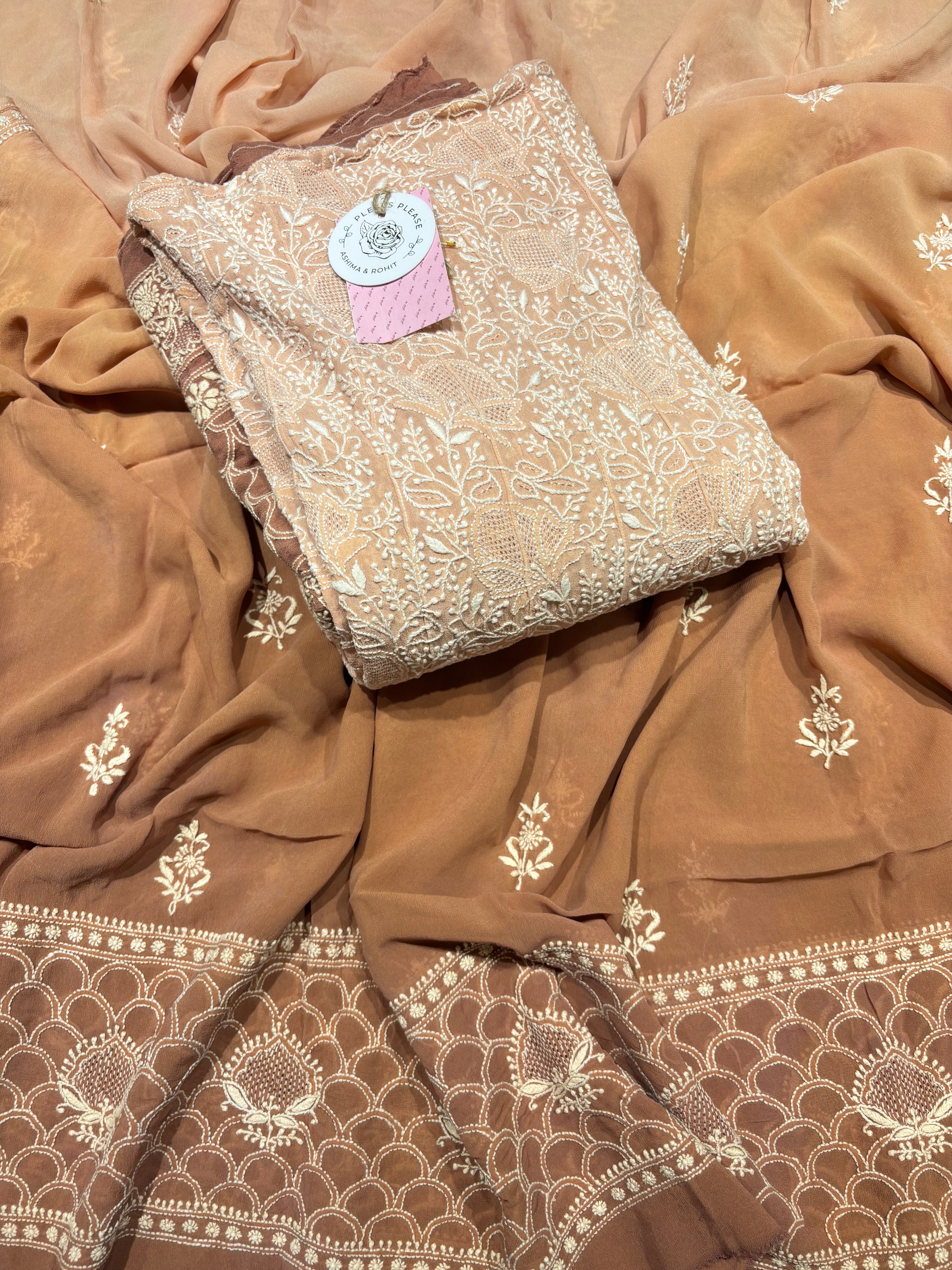 Brown Ombre Pure & Premium Georgette Chikankari Anarkali & Dupatta Set