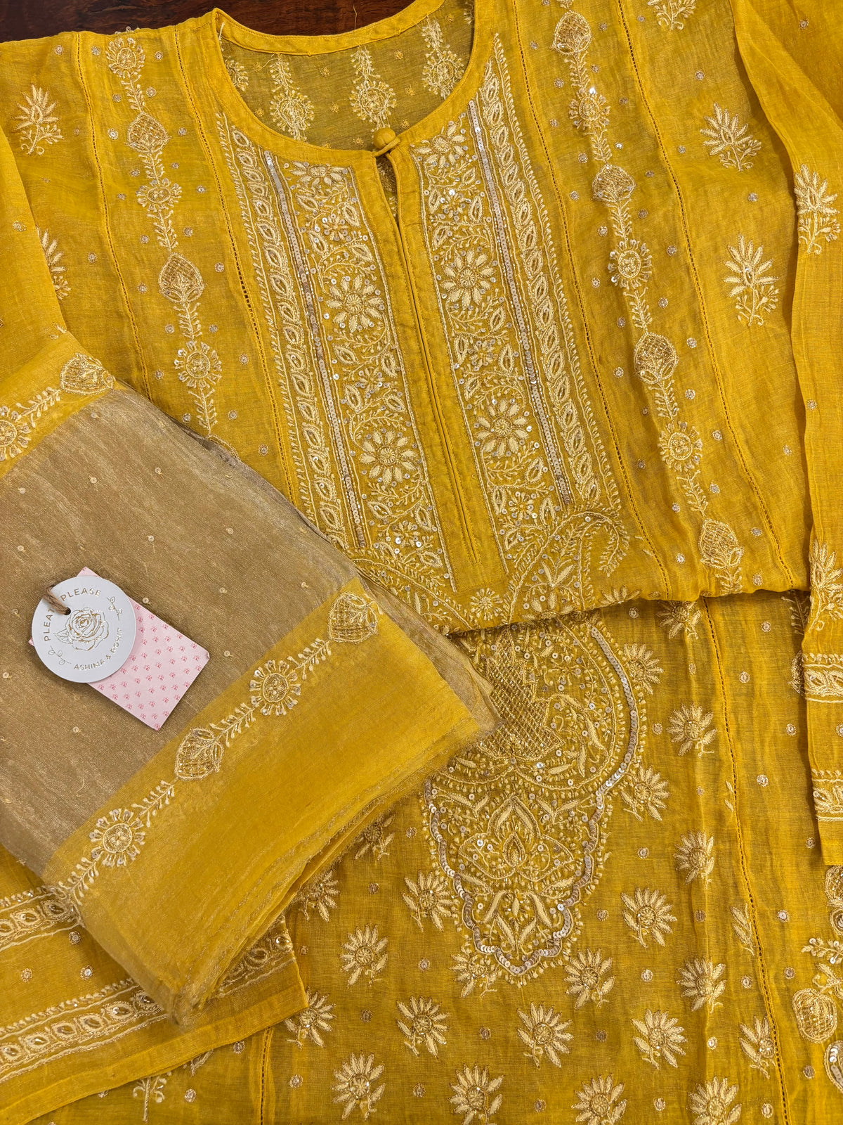 Mustard Yellow Pure & Premium Tissue Chikankari Kurta & Dupatta