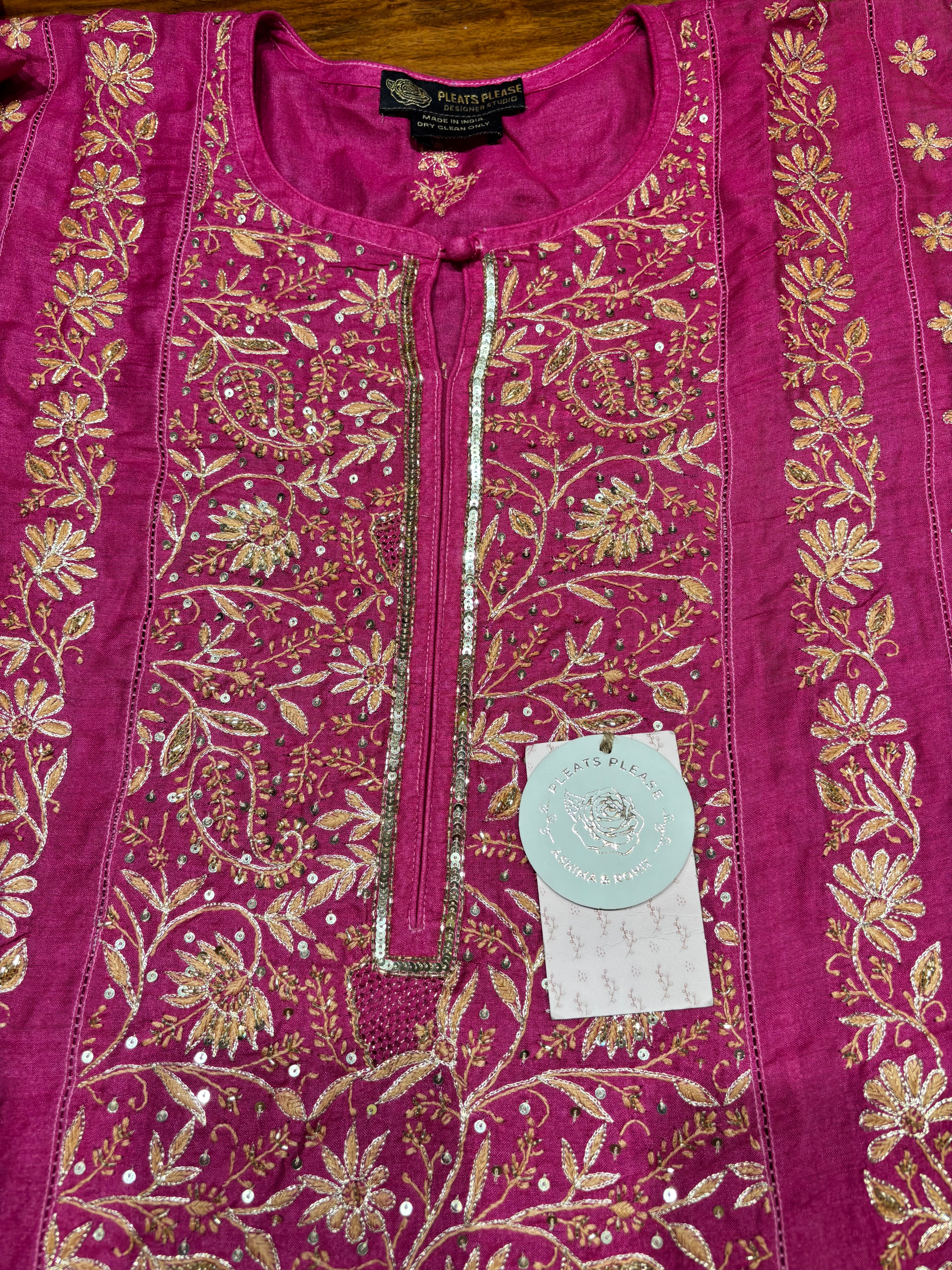 Fuschia Pink Monga Silk Chikankari A-Line Anarkali & Dupatta Set