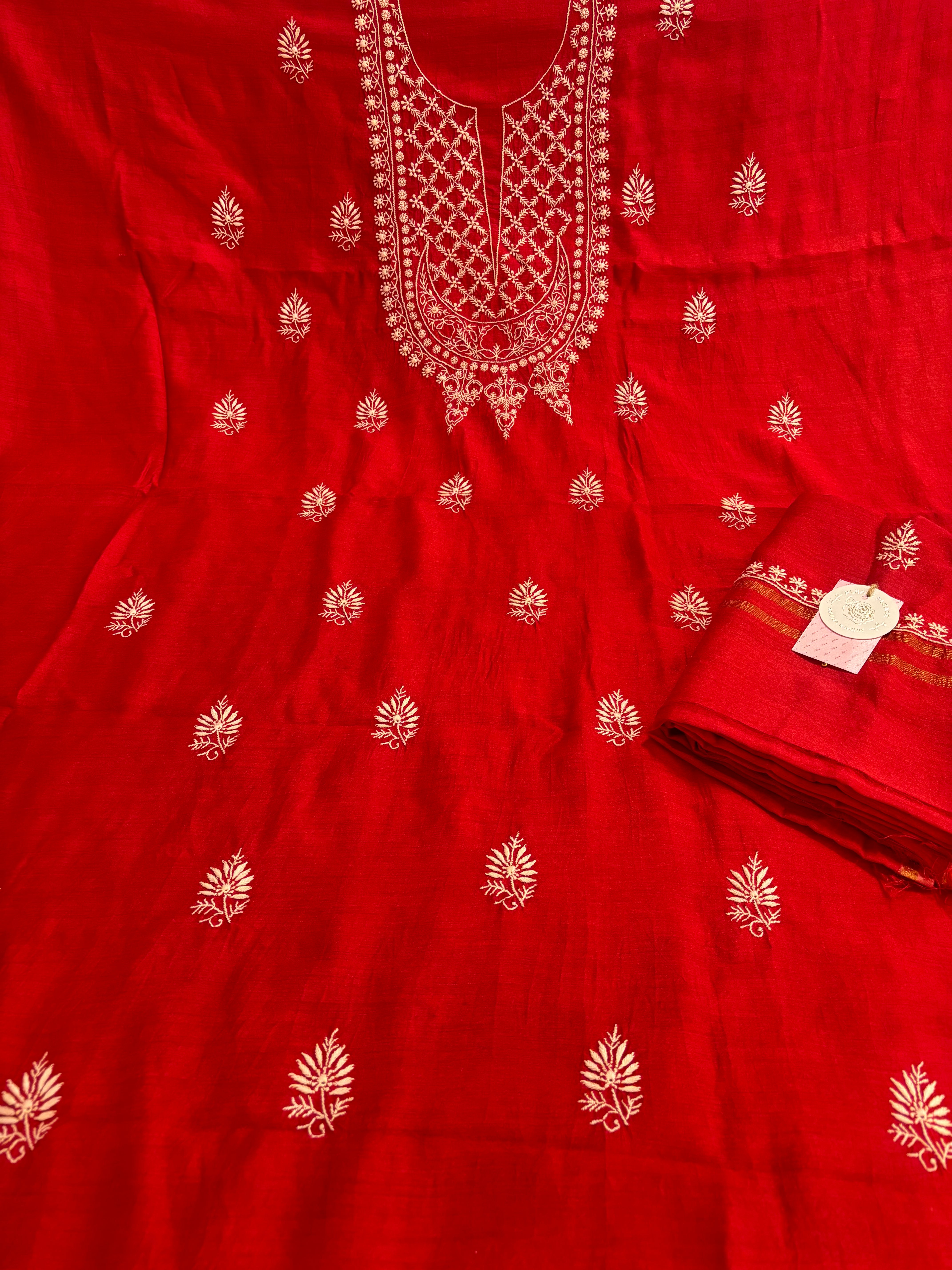 Red Monga Silk Chikankari Kurta & Dupatta