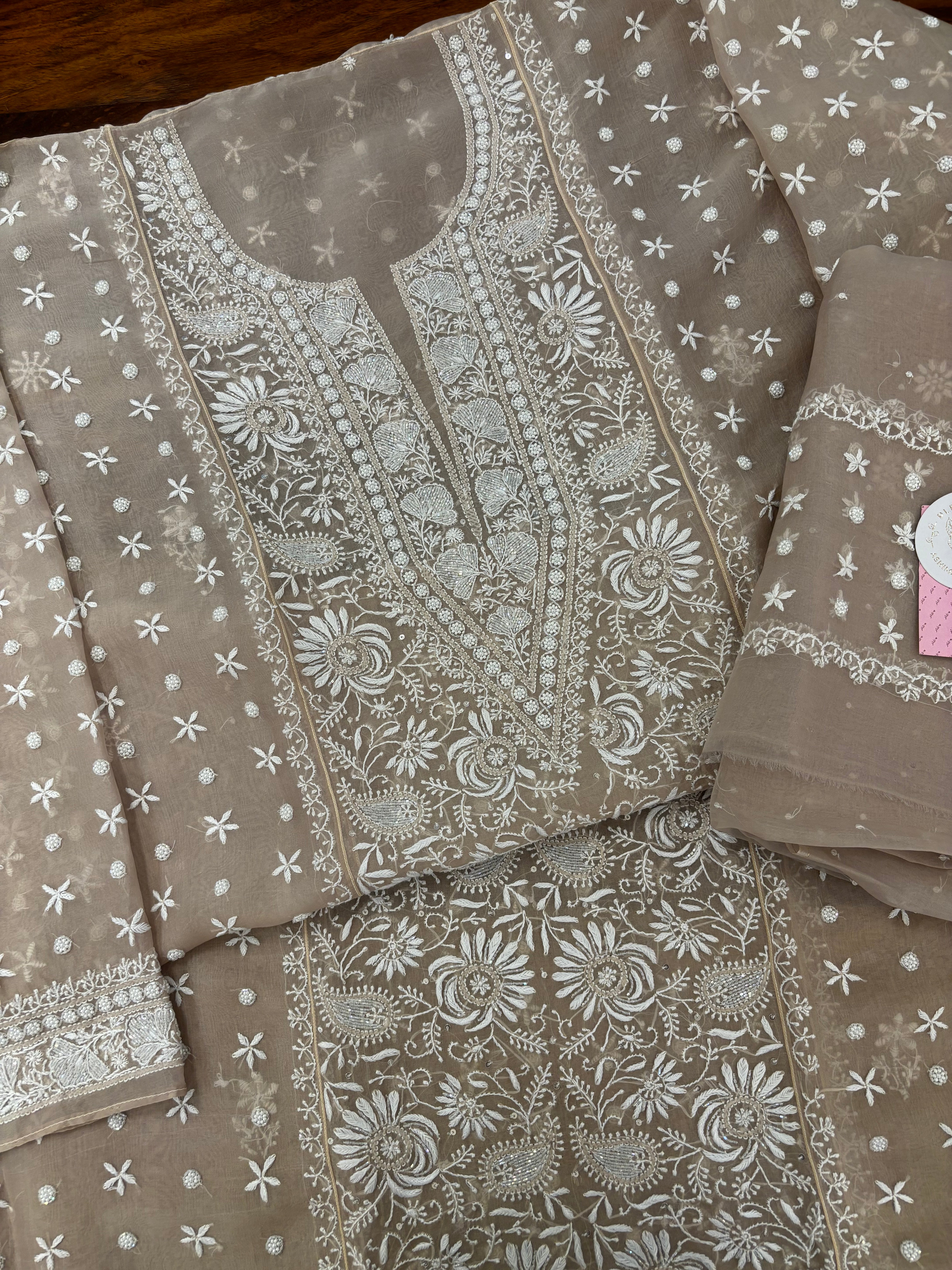 Mocha Brown Pure Organza Chikankari Kurta & Dupatta - Pleats PleaseChikankari
