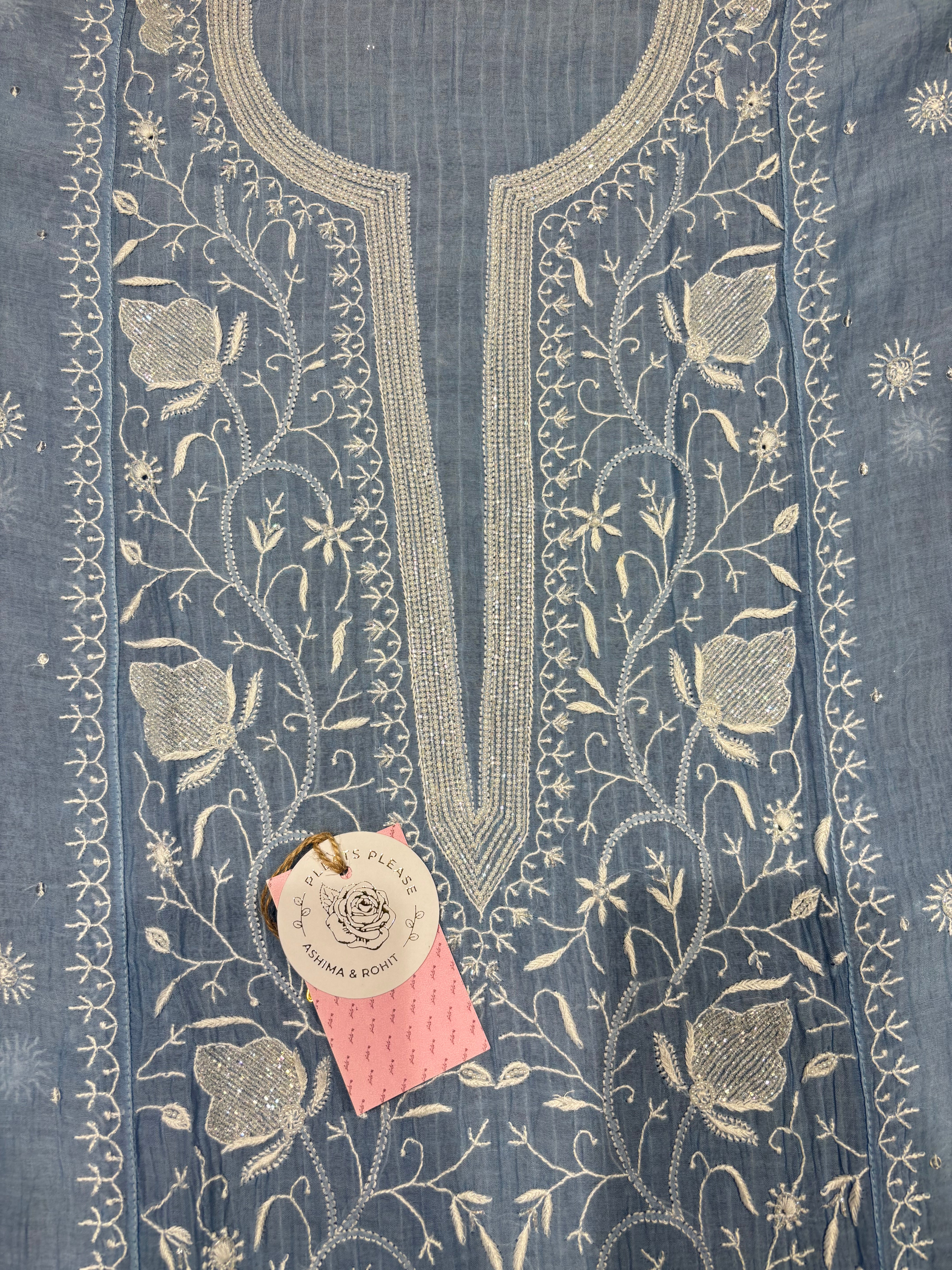 Blue Chanderi Mul Chikankari Kurta & Dupatta Set