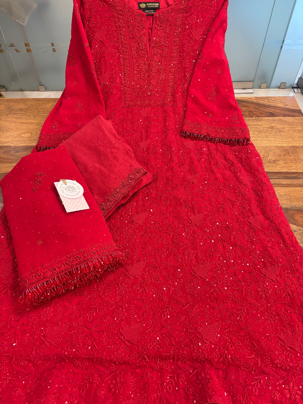 Deep Red Pure & Premium Georgette Chikankari Kurta, Dupatta With Bottom