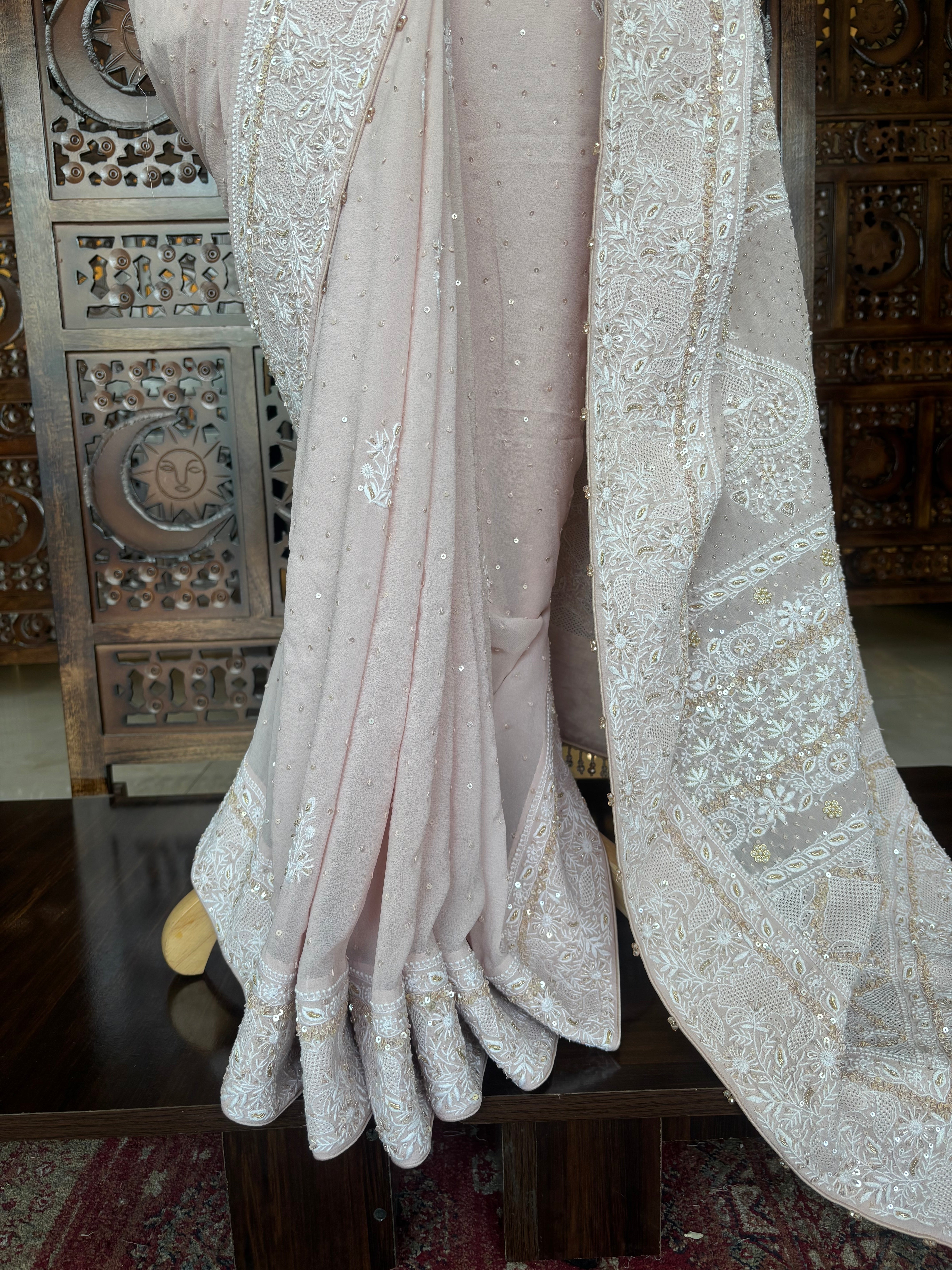 Baby Pink Pure & Premium Georgette Chikankari Zardozi Saree - Pleats PleaseChikankari