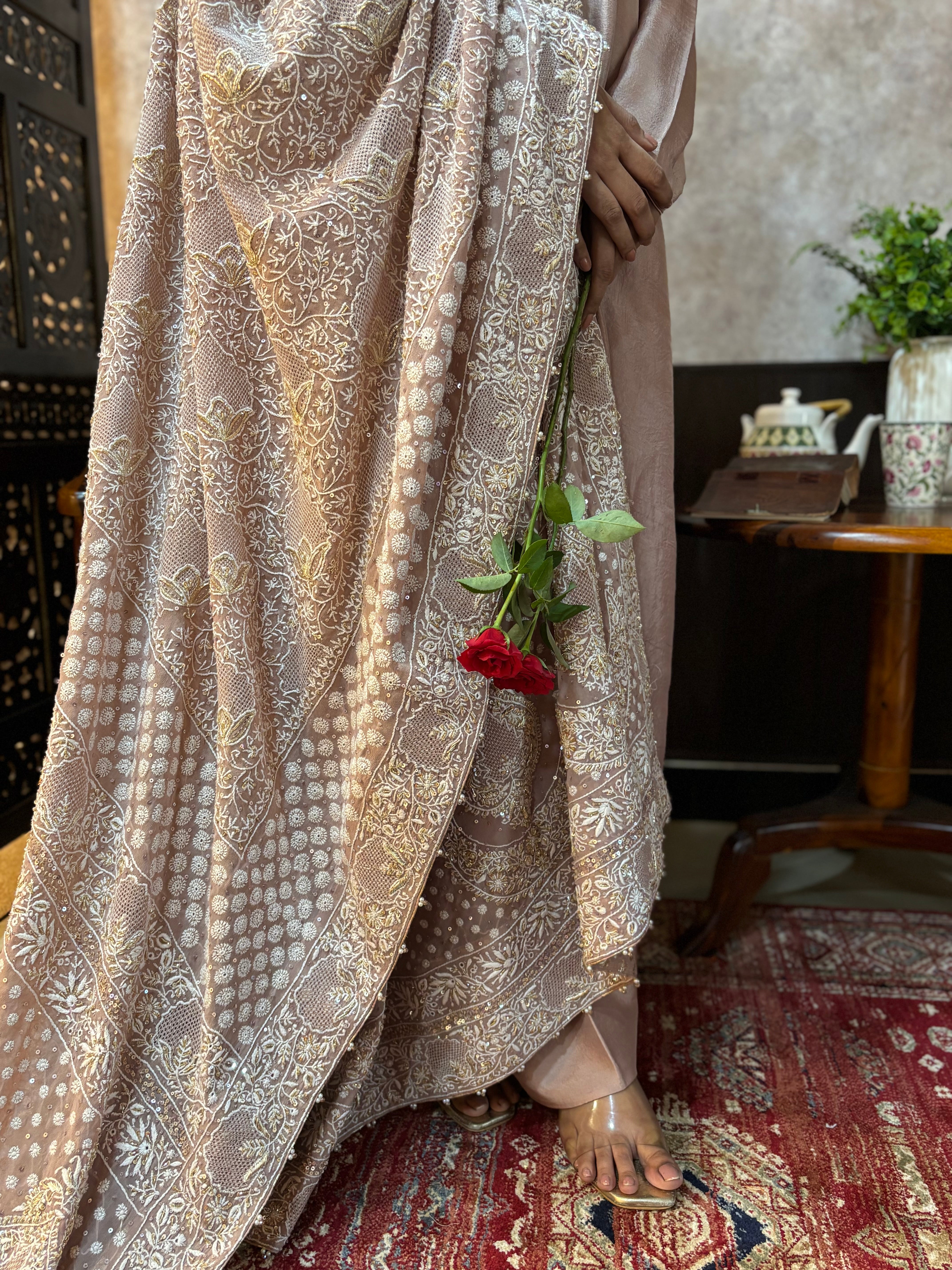 Dusty Rose Gold Pure and Premium Silk kurta and Bottom Georgette Chikankari Dupatta Set