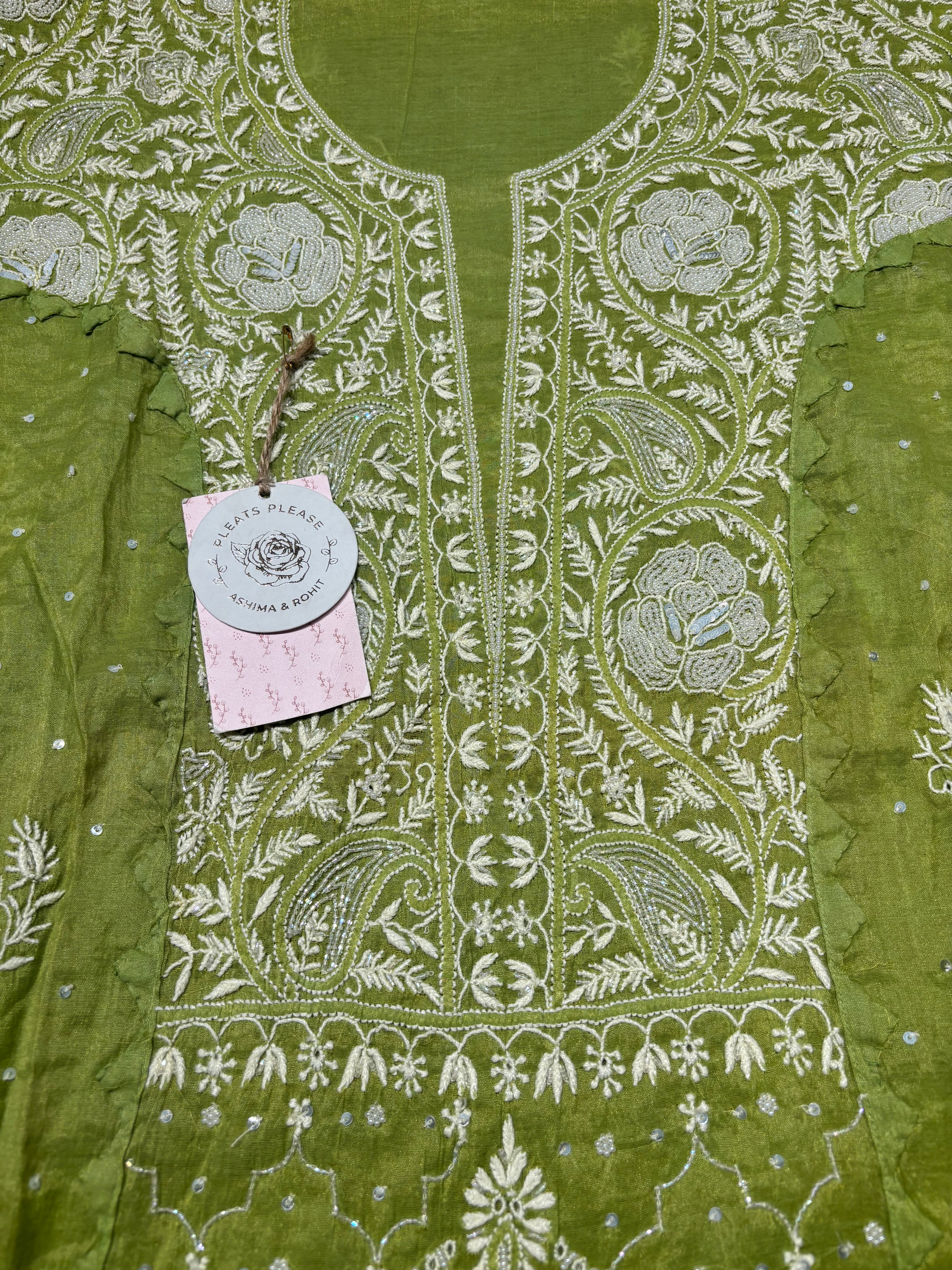 Green Chanderi Silk Chikankari Kurta And Dupatta Set