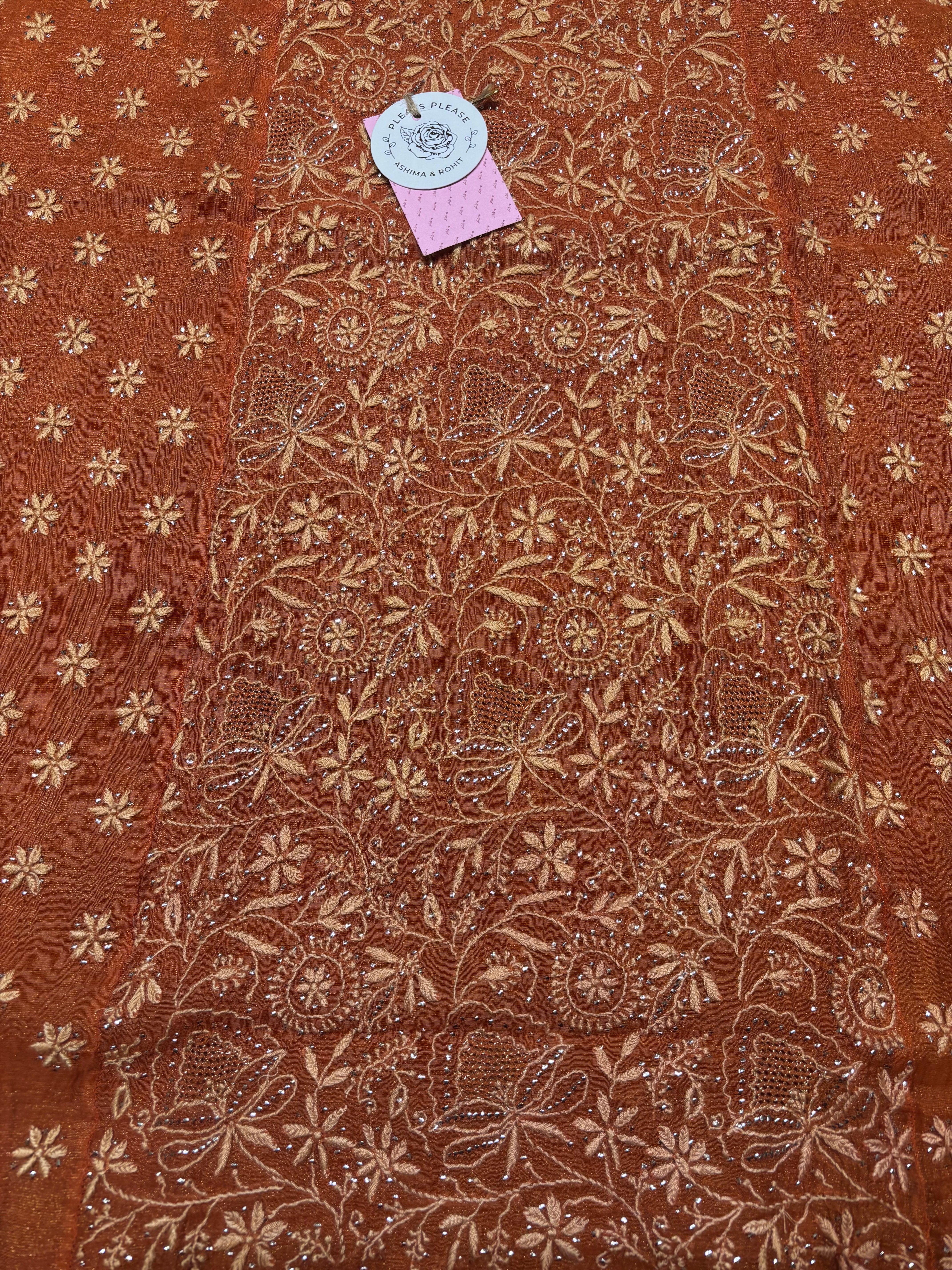 Burnt Orange Pure & Premium Tissue Chikankari & Mukaish Kurta & Dupatta Set