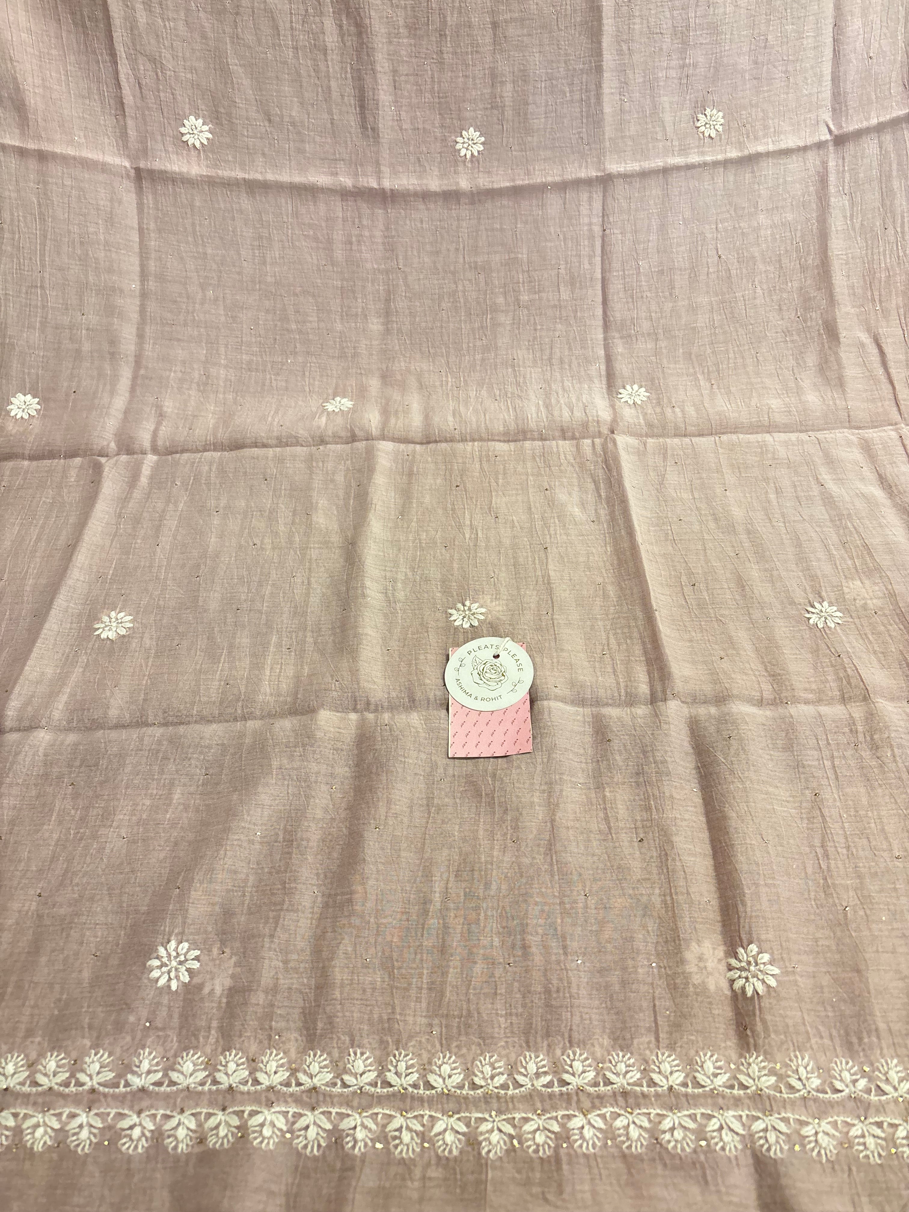 Rose Gold Chanderi Chikankari Mukaish Kurta & Dupatta - Pleats PleaseChikankari