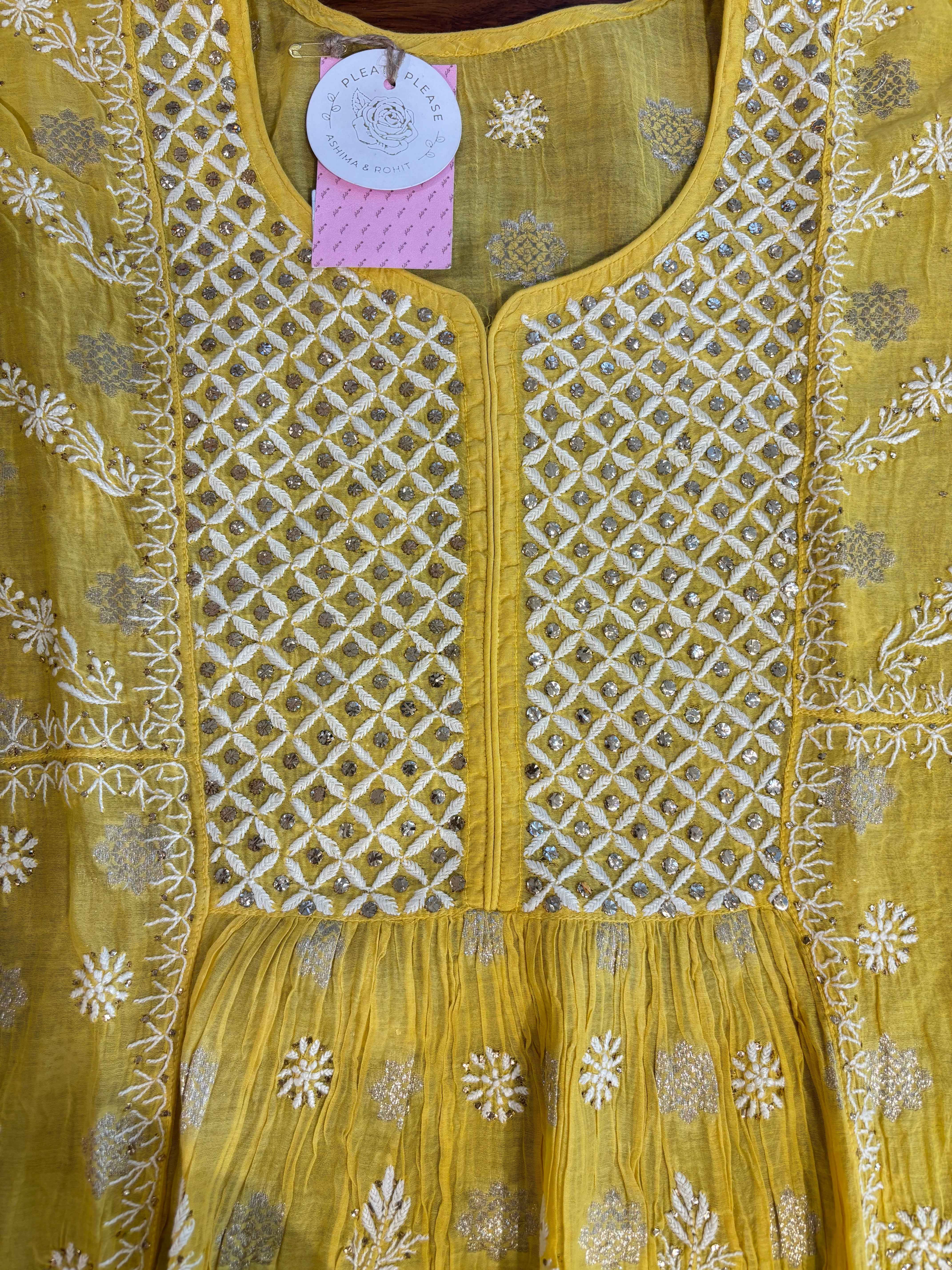 Yellow Chanderi Chikankari Mukaish Kurta, Dupatta & Sharara Set