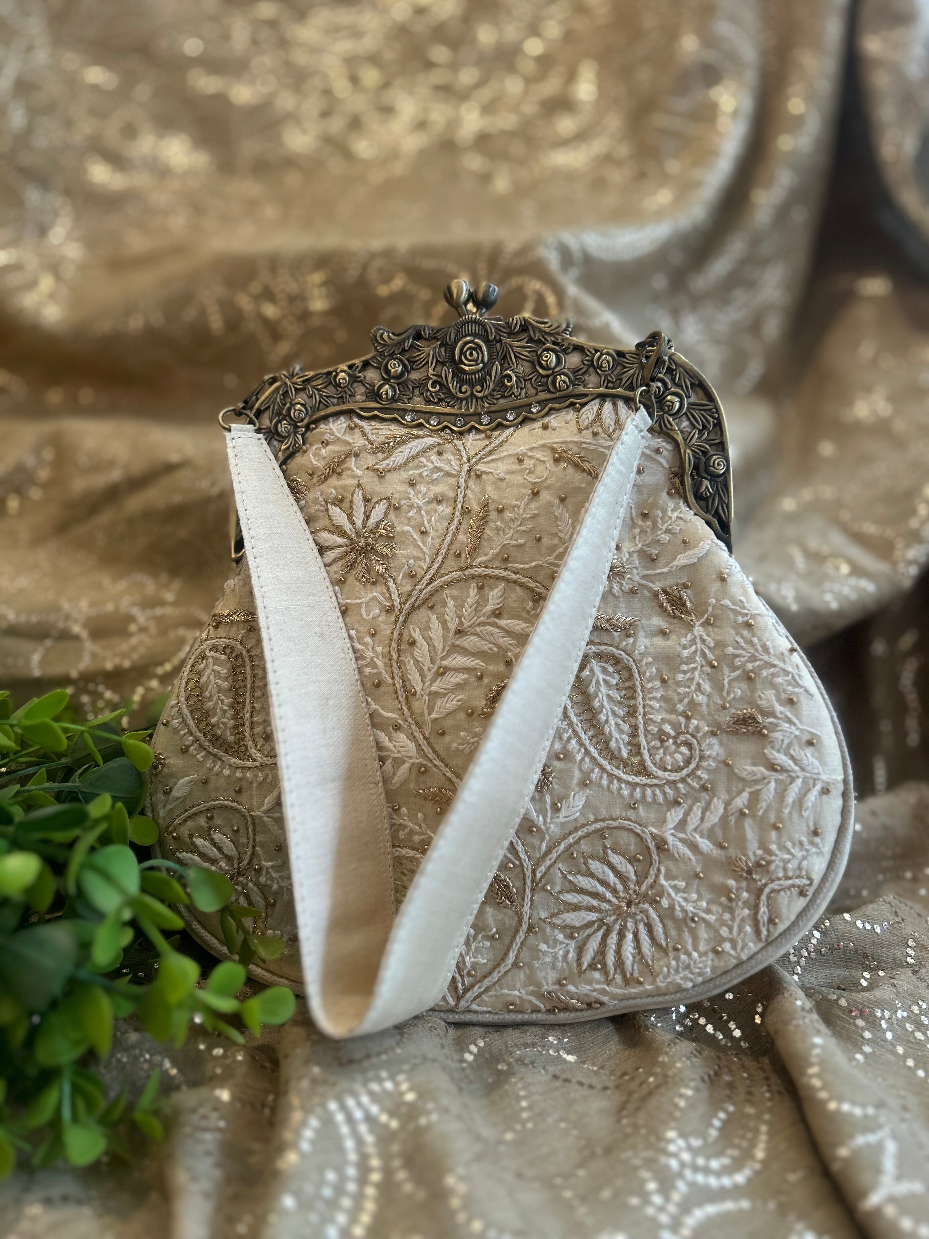 Ivory Chikankari Clutch Bag