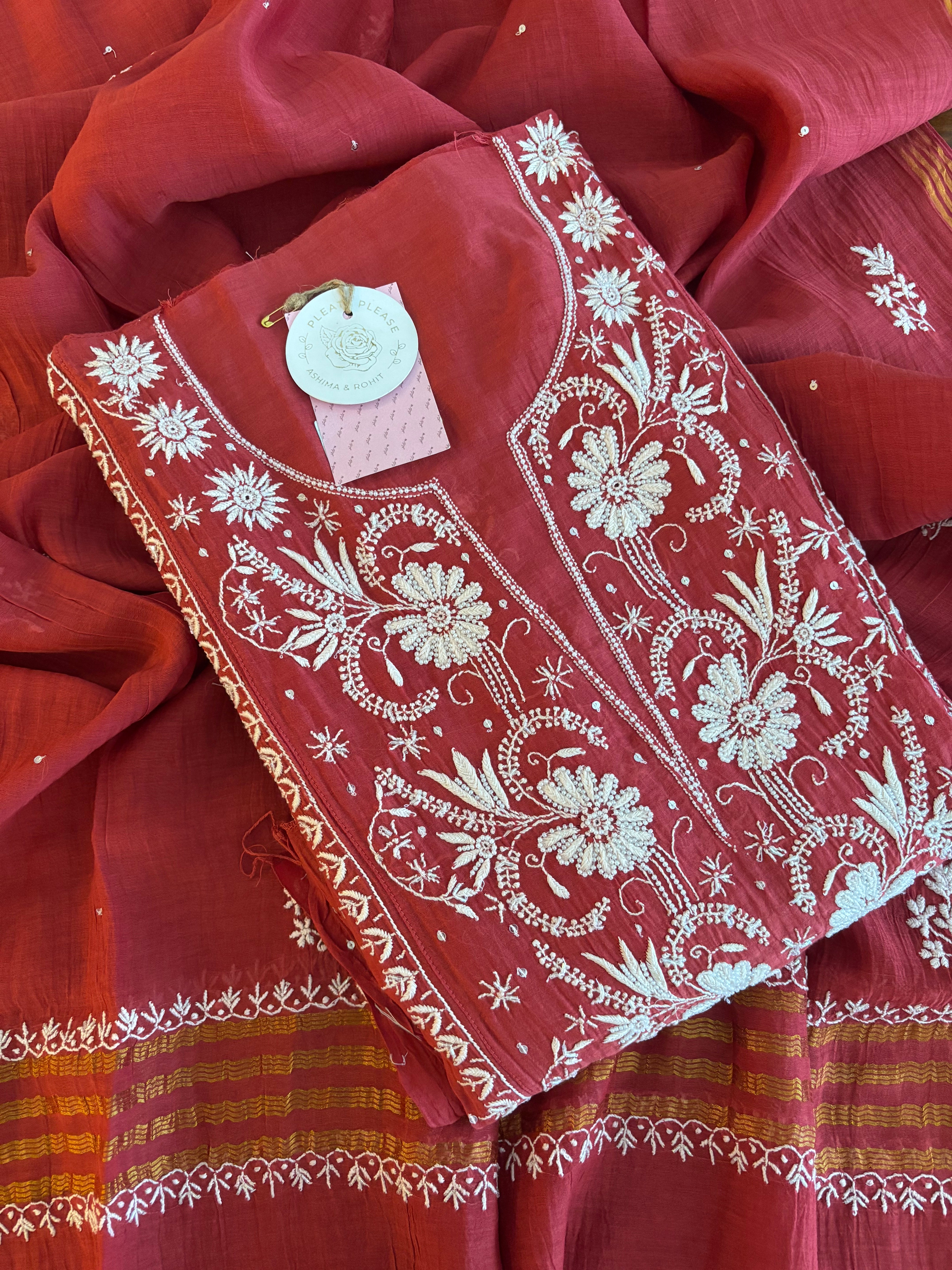 Red Chanderi Chikankari Anarkali & Dupatta
