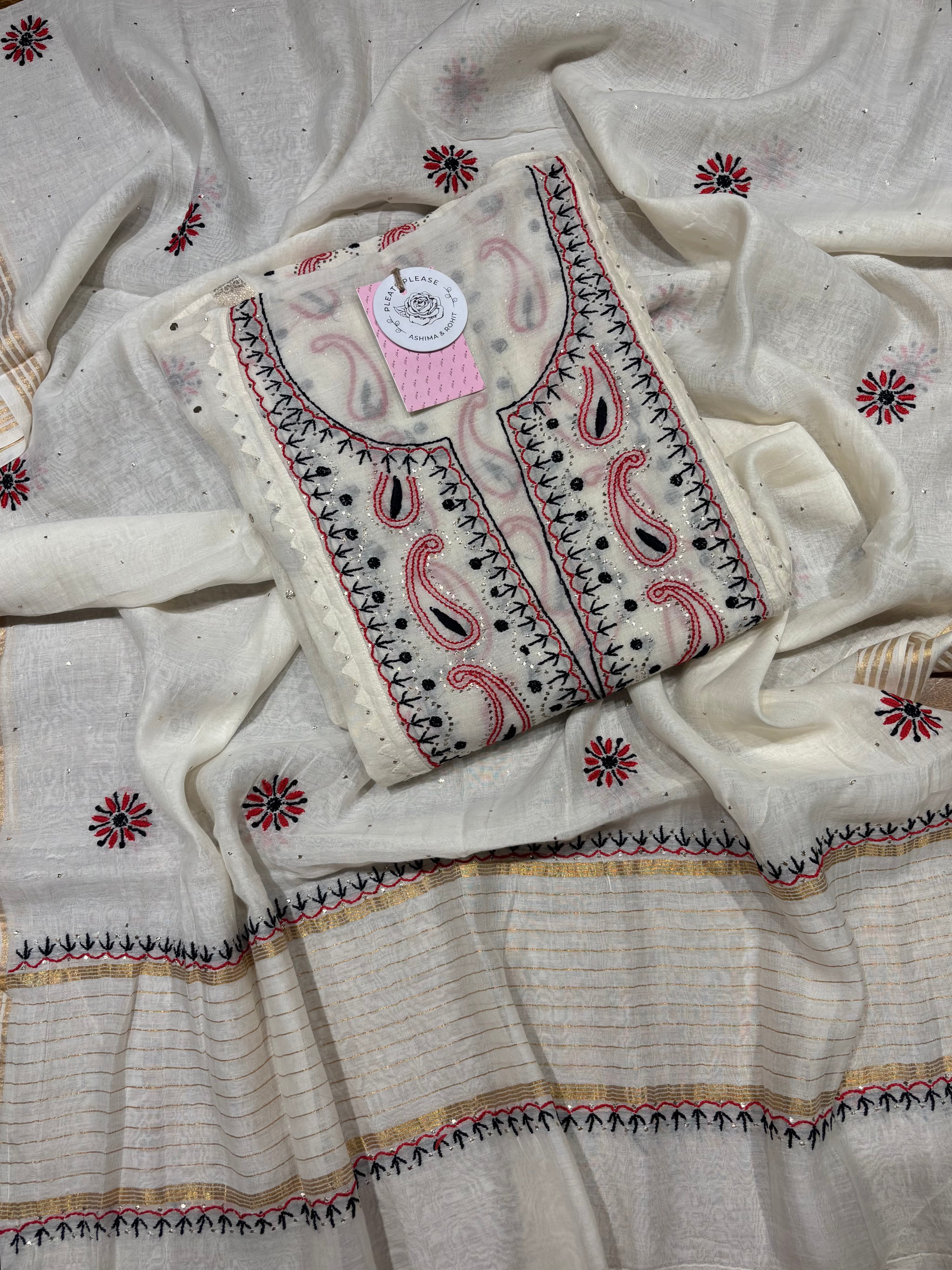 Dyeable Chanderi Mul Chikankari & Mukaish Kurta & Dupatta Set