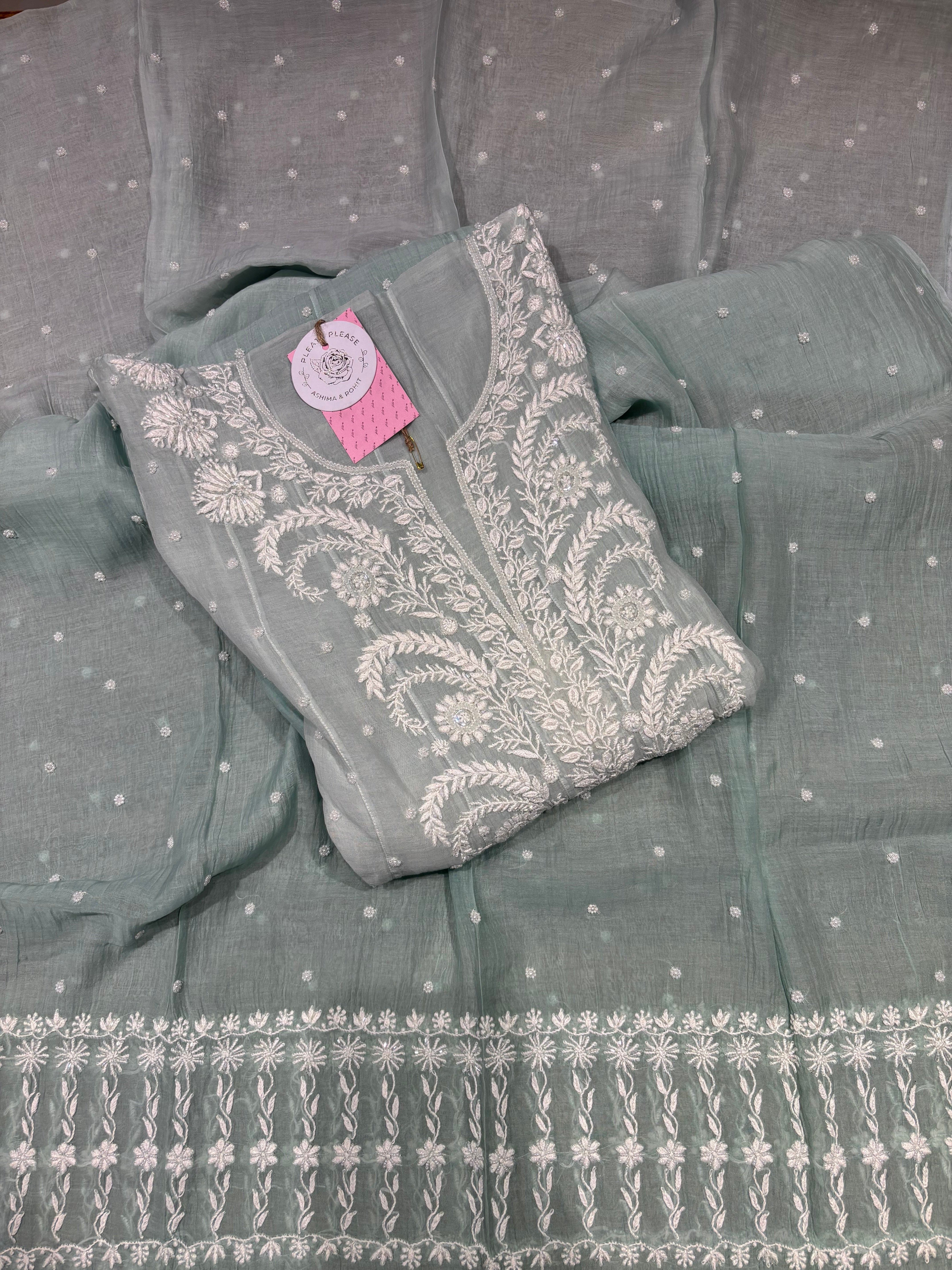 Sea Foam Ombre Chanderi Mul Chikankari Anarkali & Dupatta Set