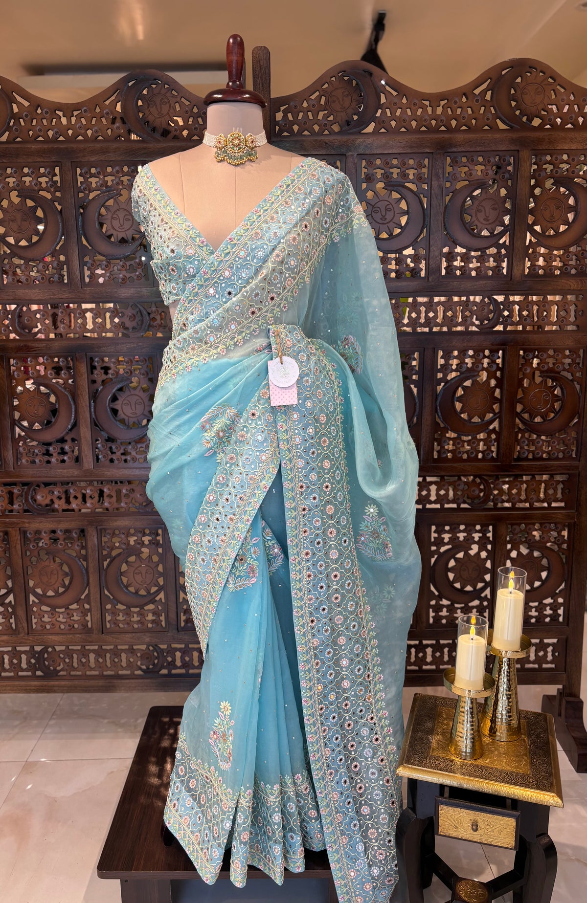 Pastel Blue Organza Mirror Chikankari Saree