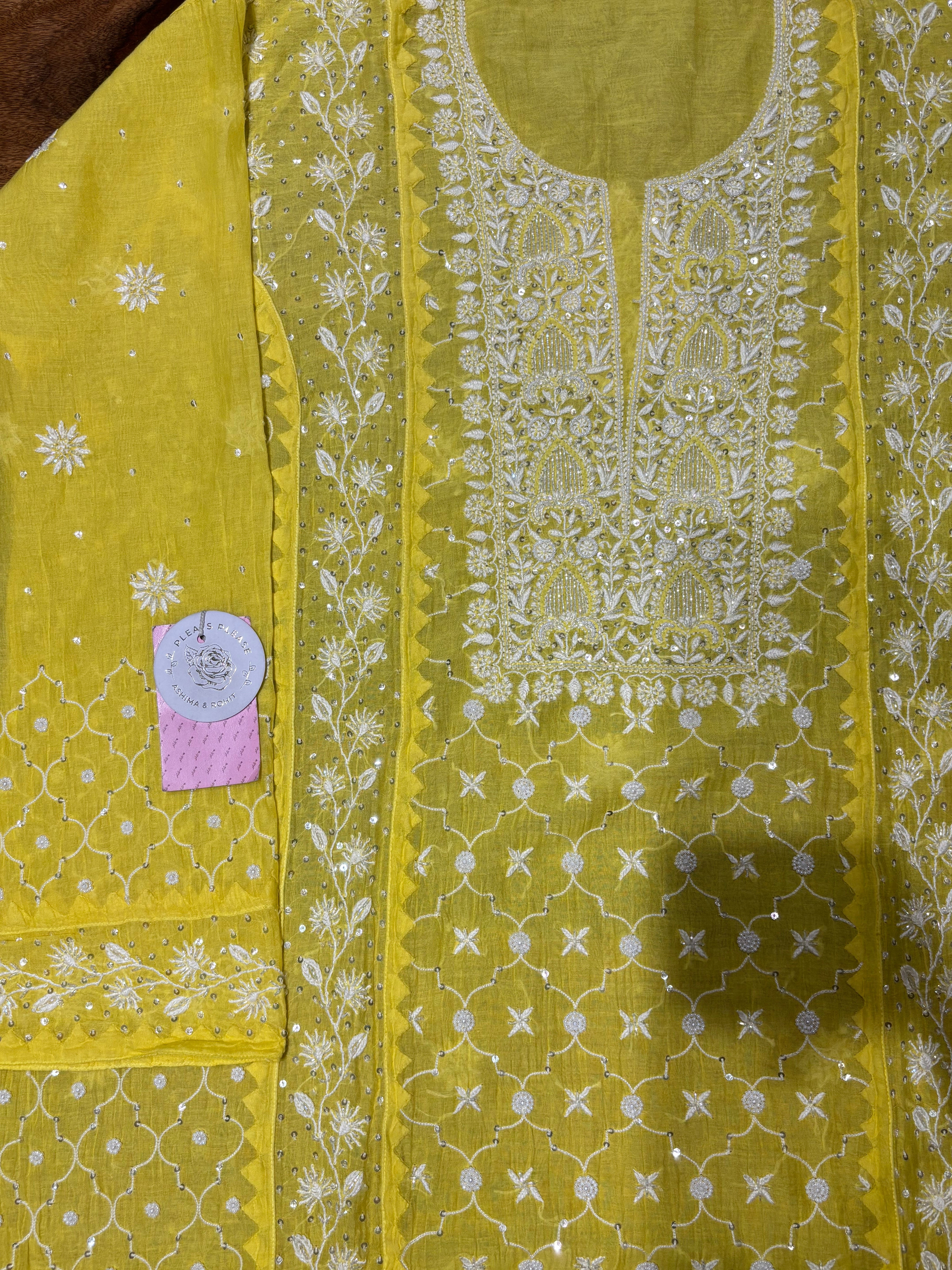 Lemon Yellow Pure Chanderi Chikankari Kurta & Dupatta