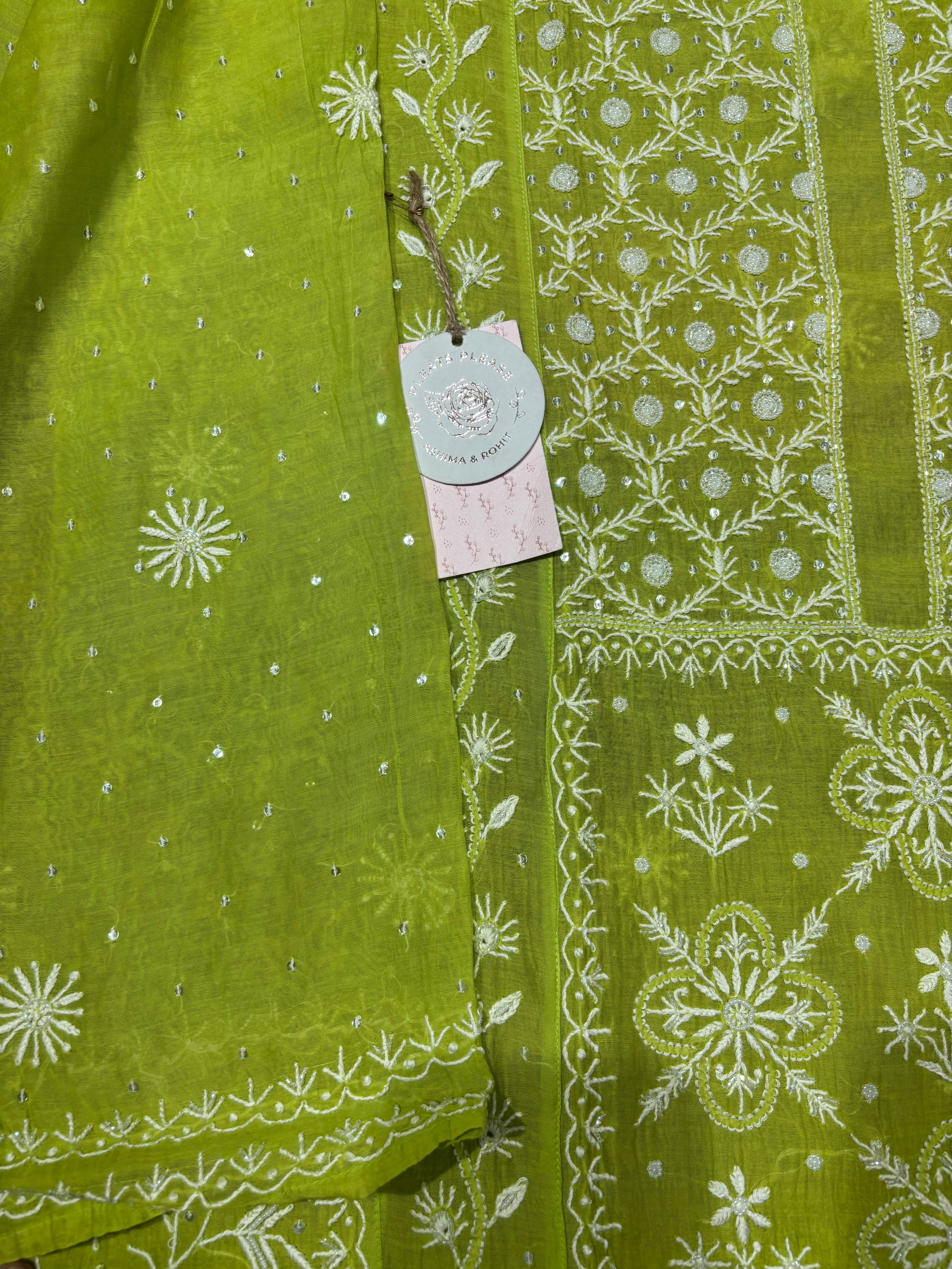 Green Chanderi Mul Chikankari Kalidar Kurta and Dupatta set