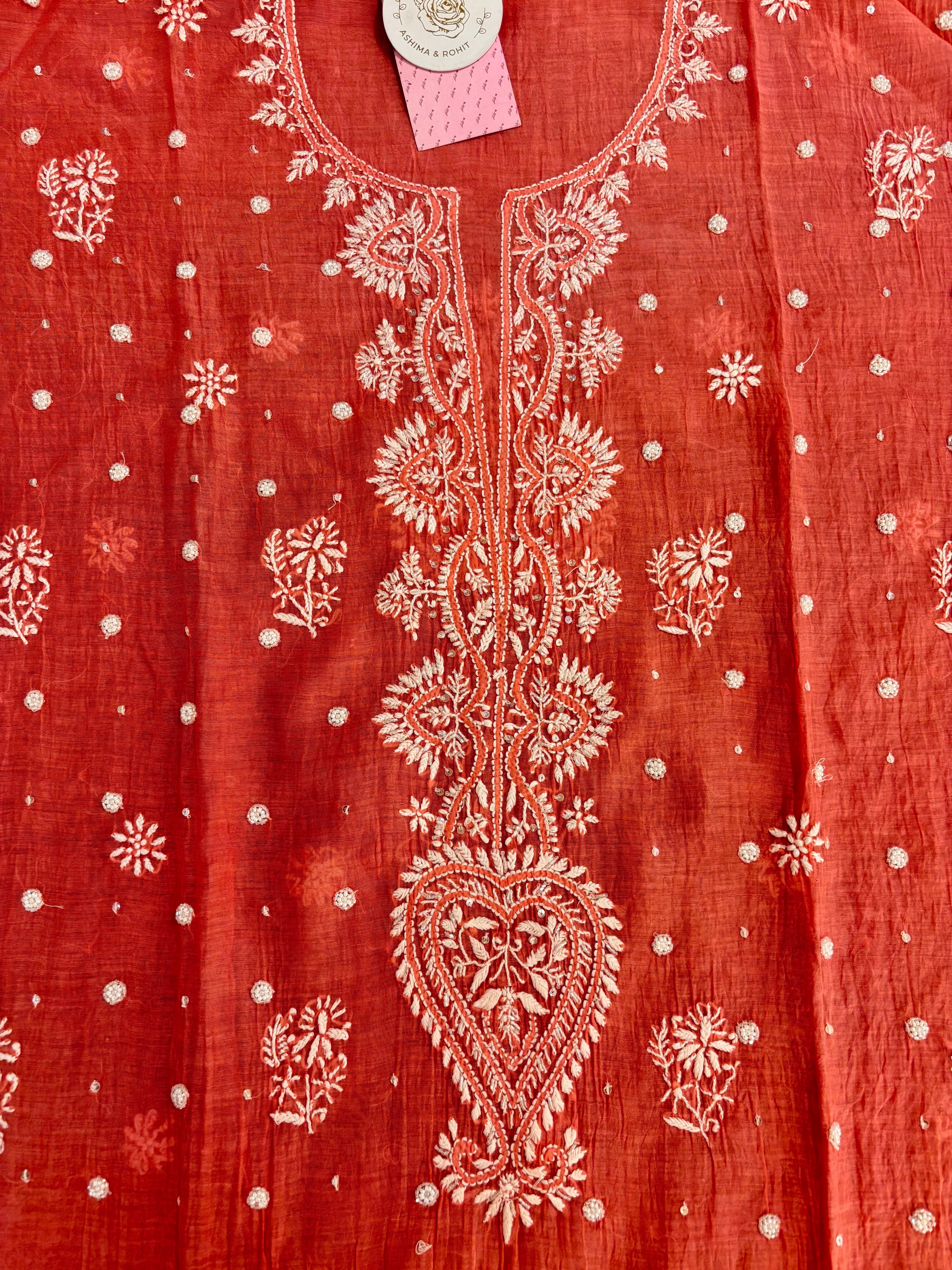 Peach Chanderi Mul Chikankari Kurta & Dupatta