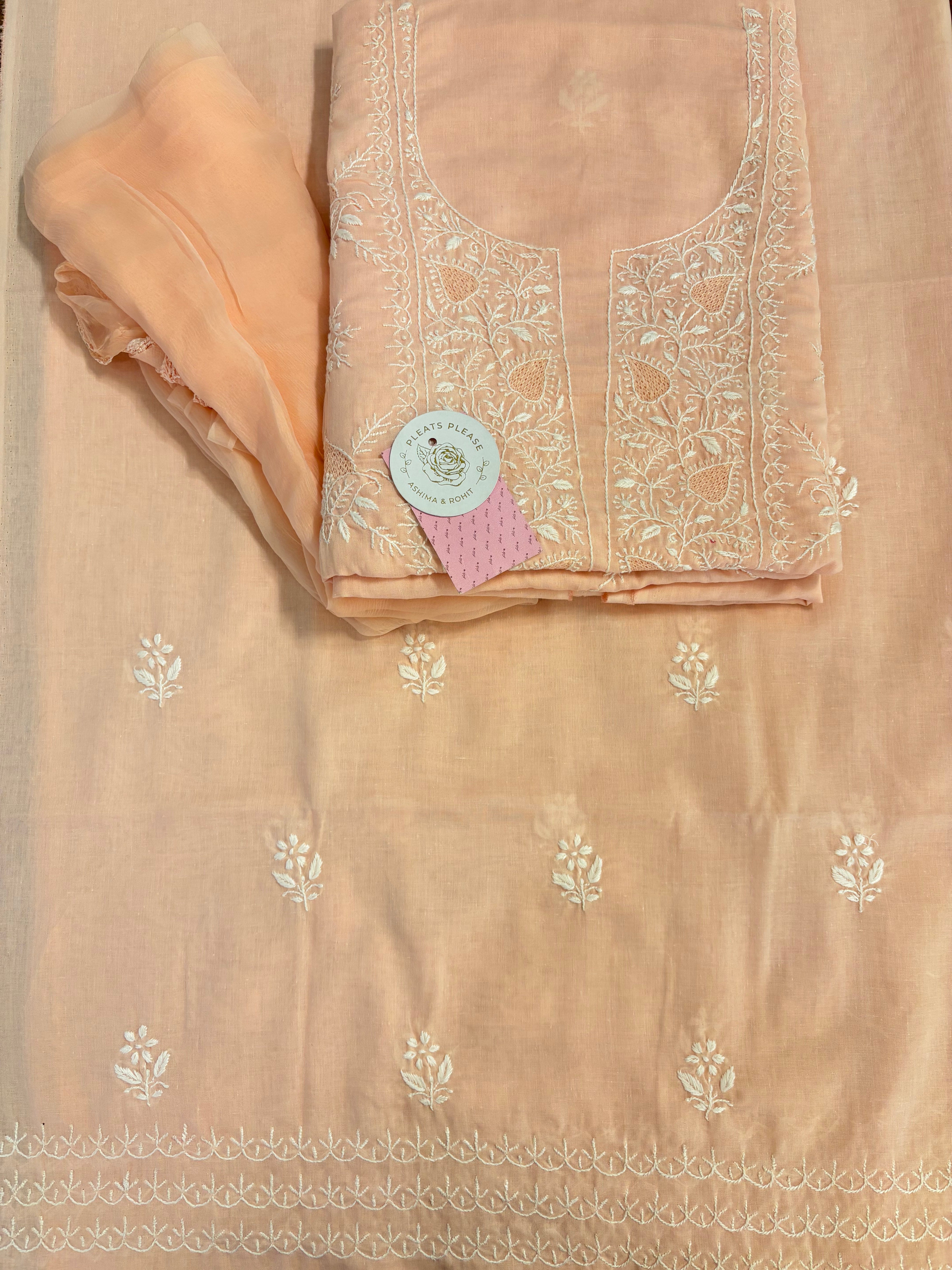 Peach Cotton Chikankari Kurta, Dupatta With Bottom