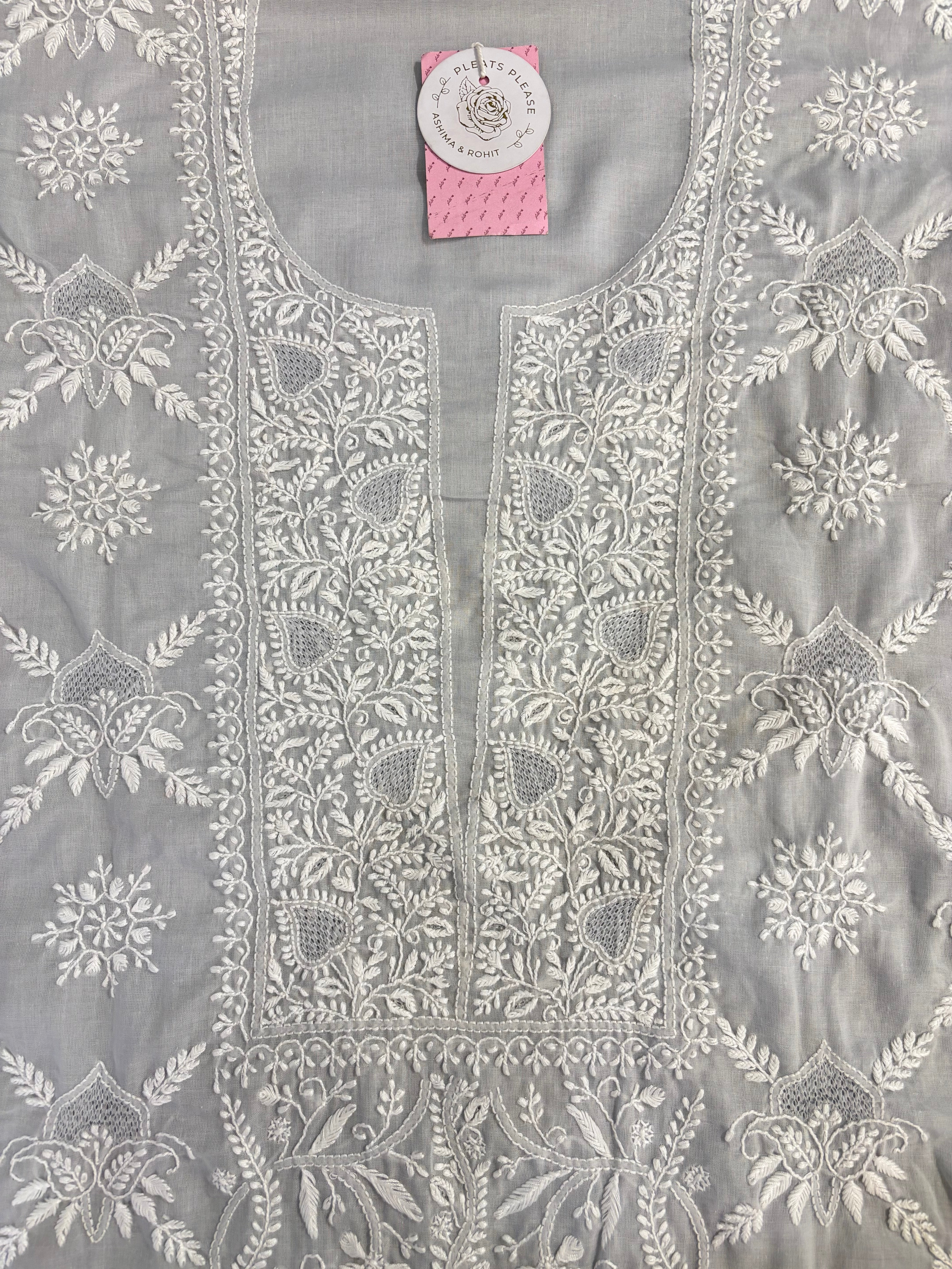 Dove-Grey Cotton Chikankari Kurta, Dupatta With Bottom