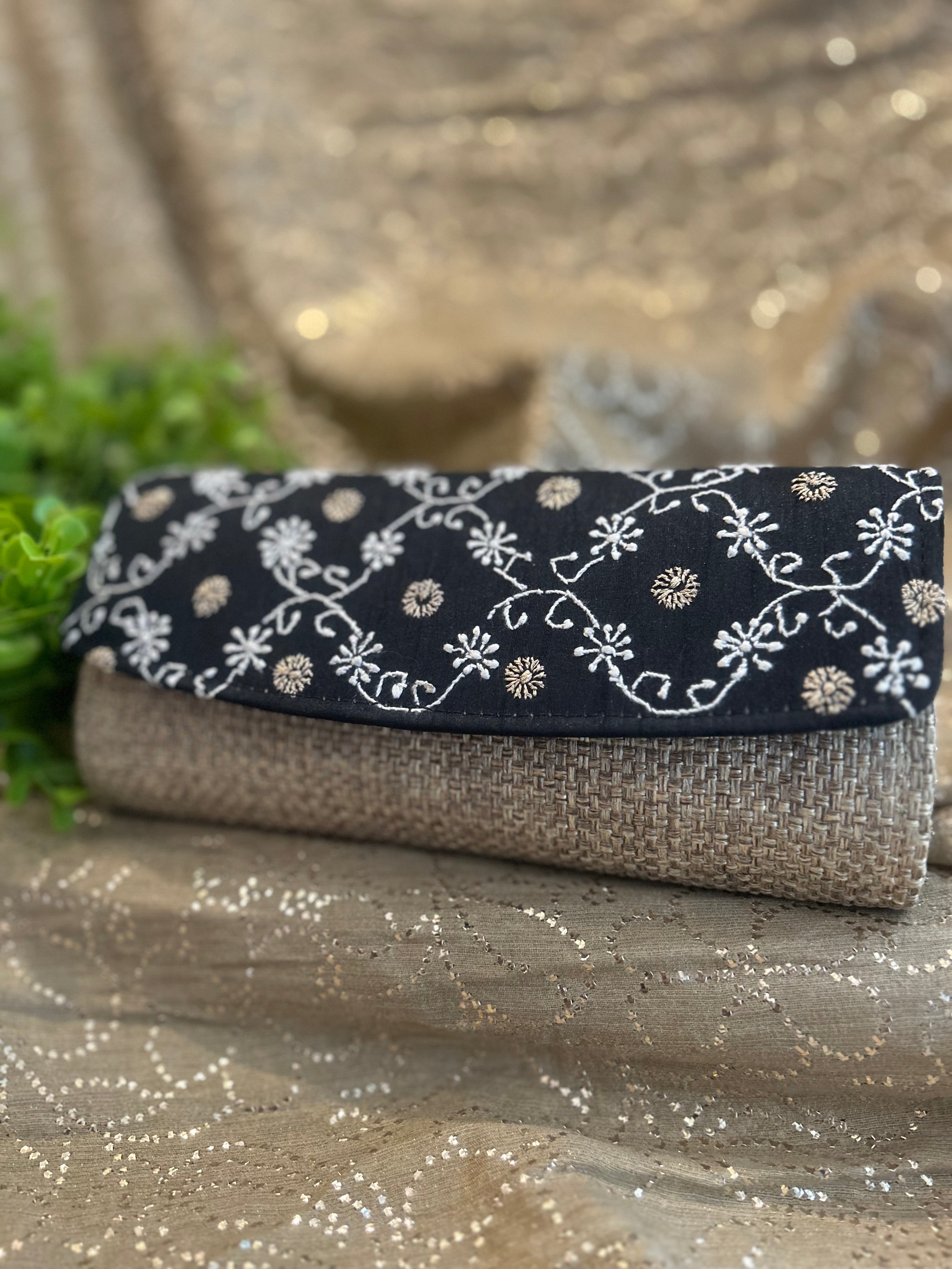 Black Chikankari Jute Clutch