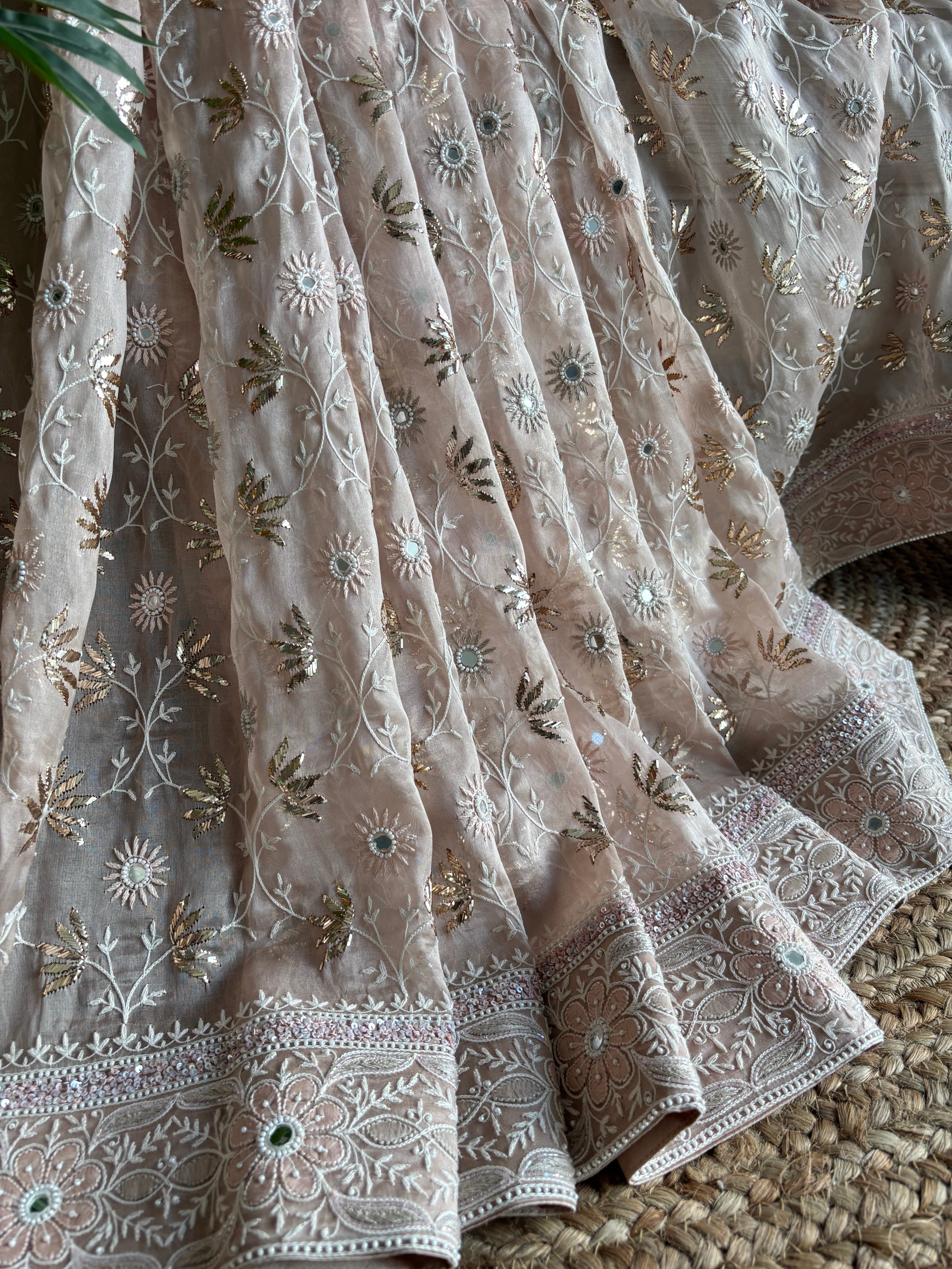 Dusty Peach Pure And Premium Organza Chikankari and Mukaish Saree