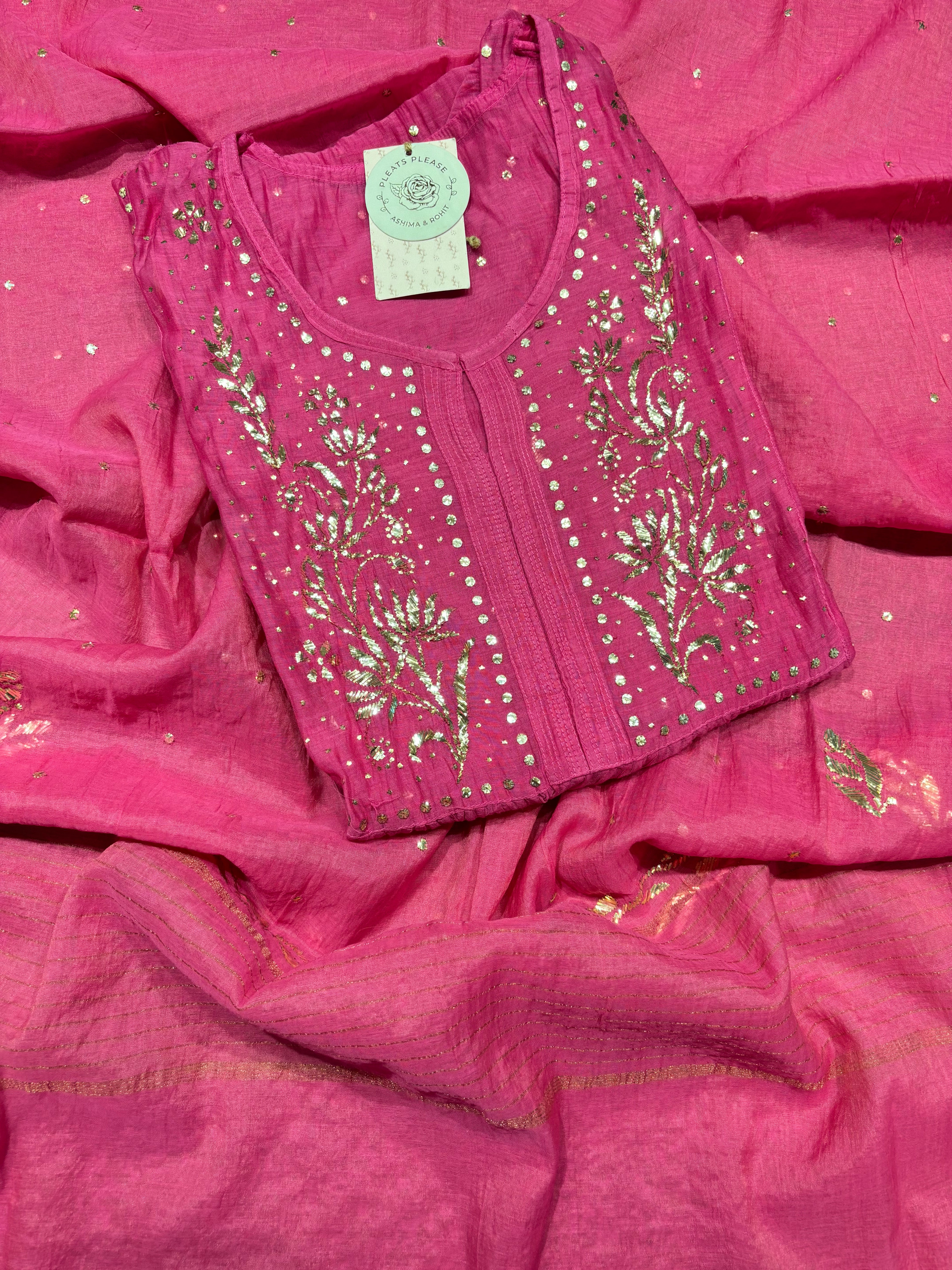 Magenta Pink Chanderi Mul Mukaish Tunic Kurta and dupatta Set