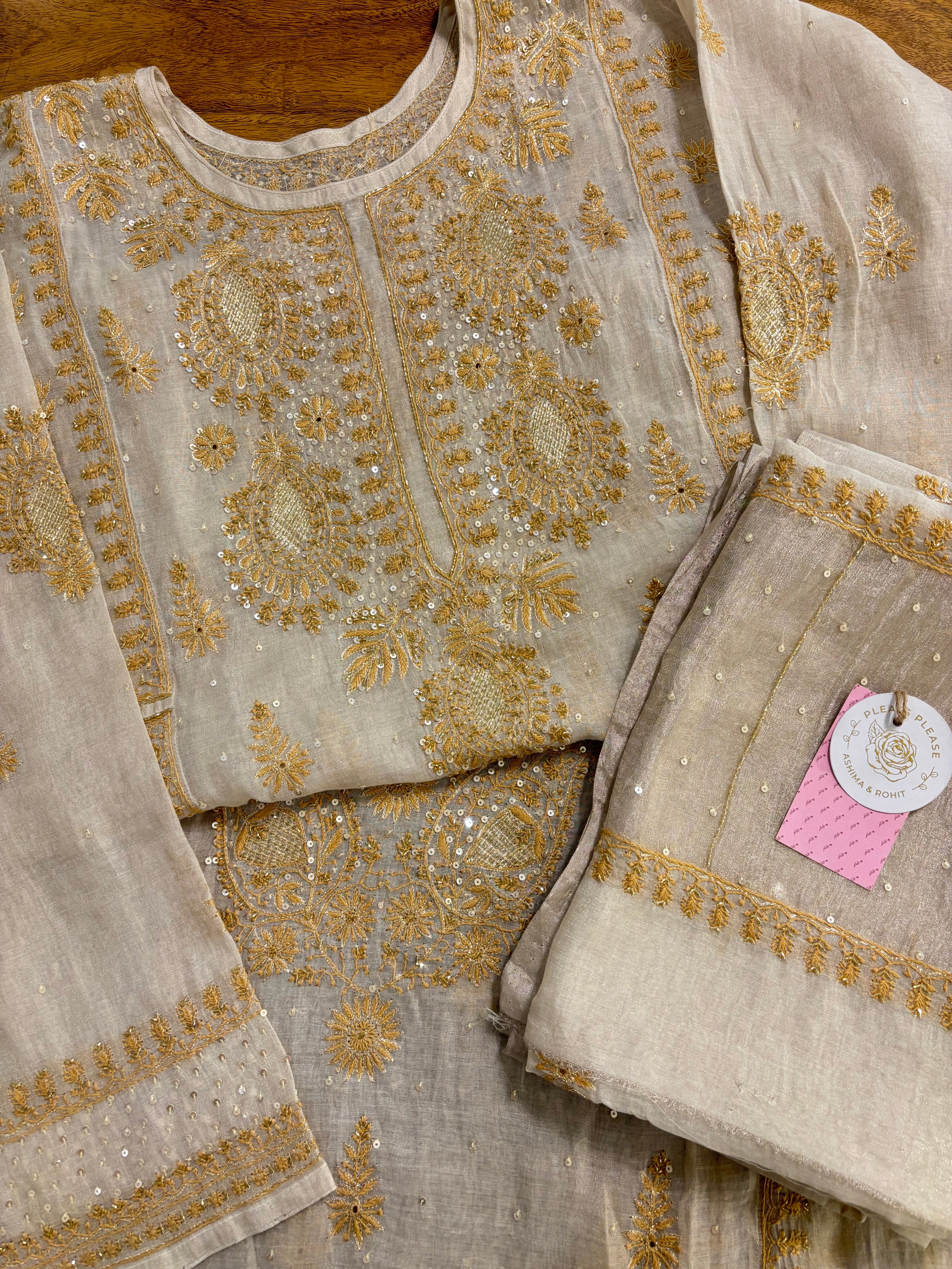 Dyeable Ivory Silver Pure & Premium Tissue Chikankari Kurta & Dupatta