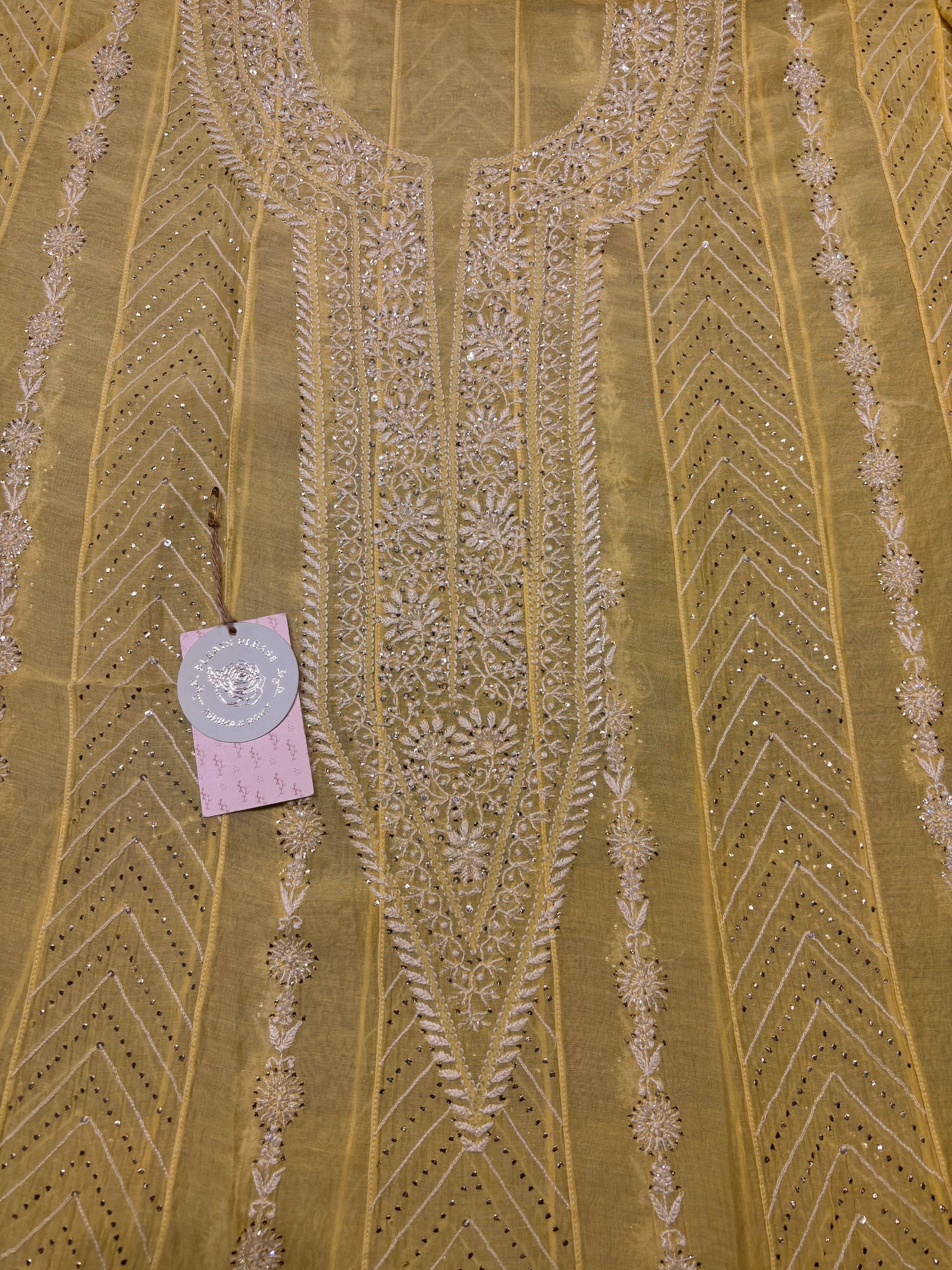 Yellow Chanderi Mul Chikankari & Mukaish Anarkali And Dupatta set