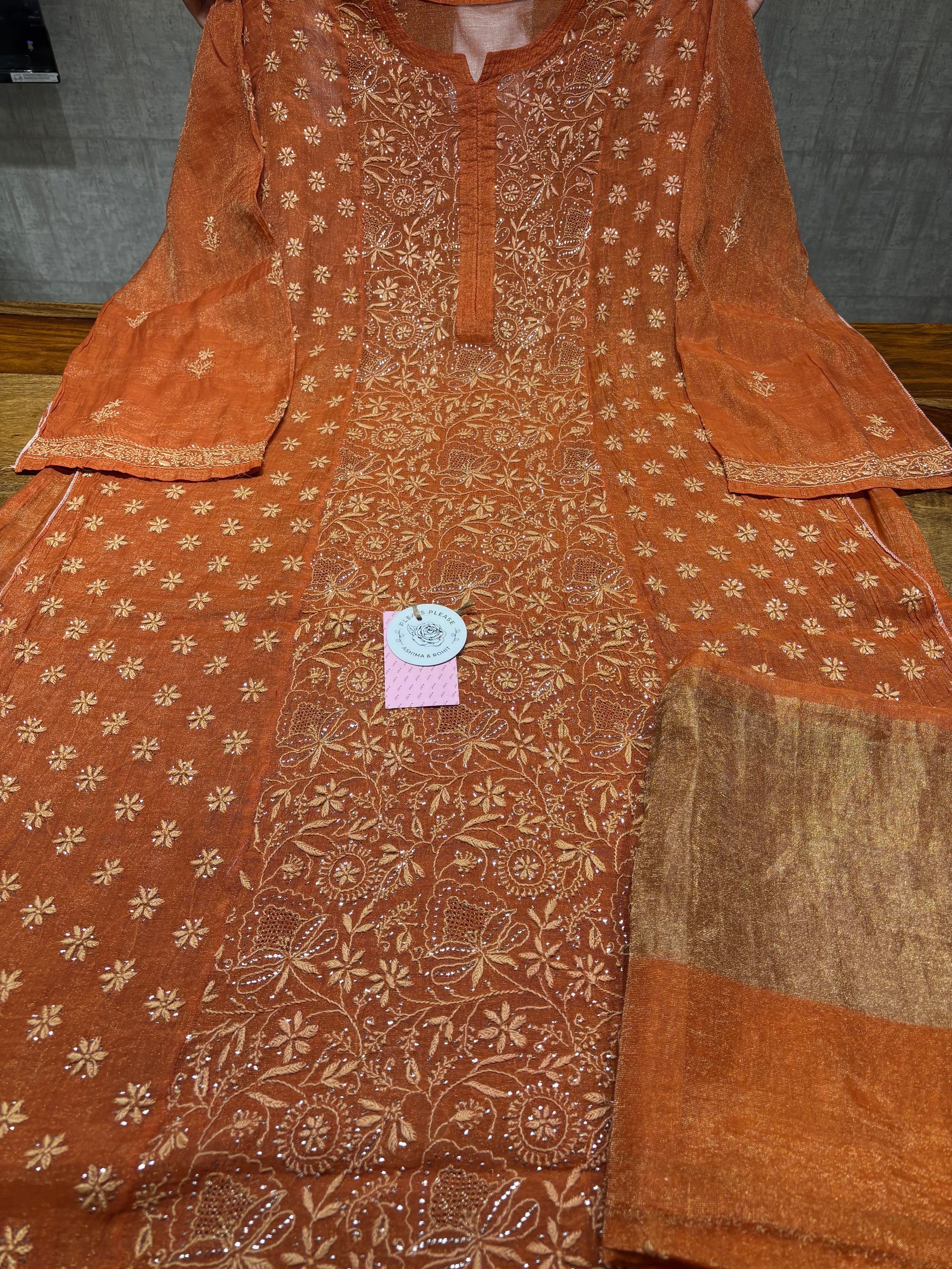 Burnt Orange Pure & Premium Tissue Chikankari & Mukaish Kurta & Dupatta Set