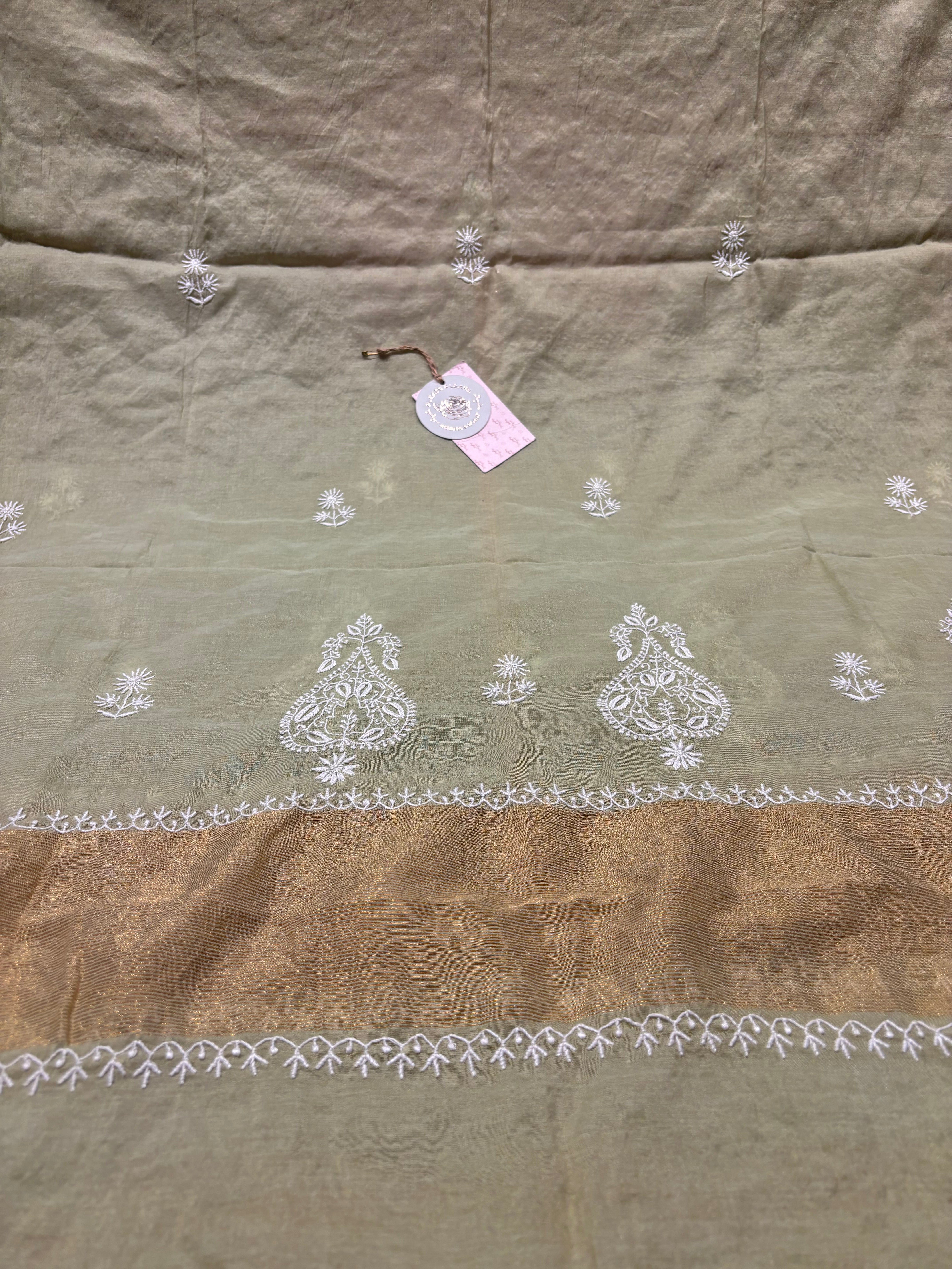 Green Chanderi silk Chikankari Kurta and Dupatta Fabric
