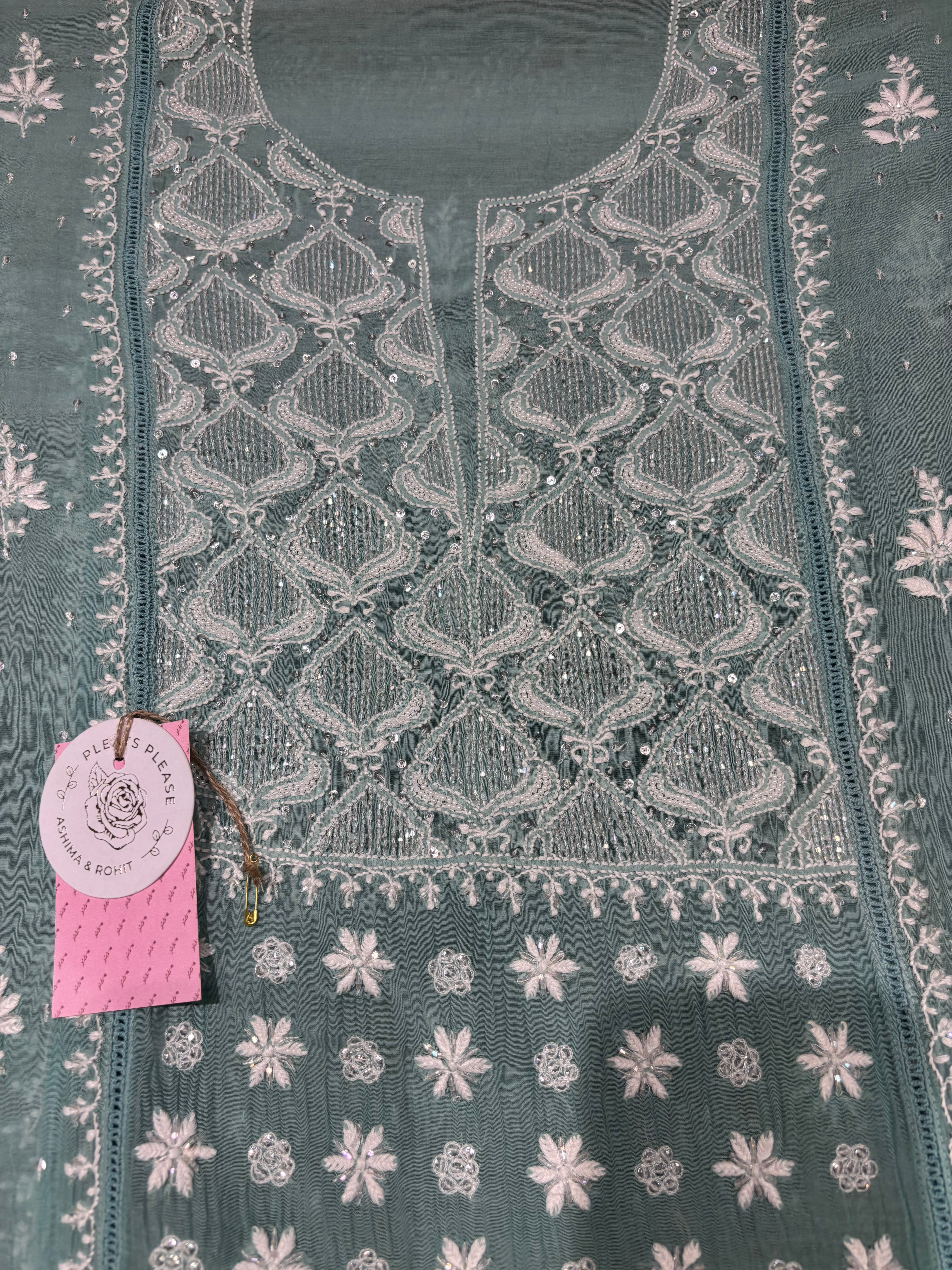 Turquoise Blue Chanderi Mul Chikankari Kurta & Dupatta set