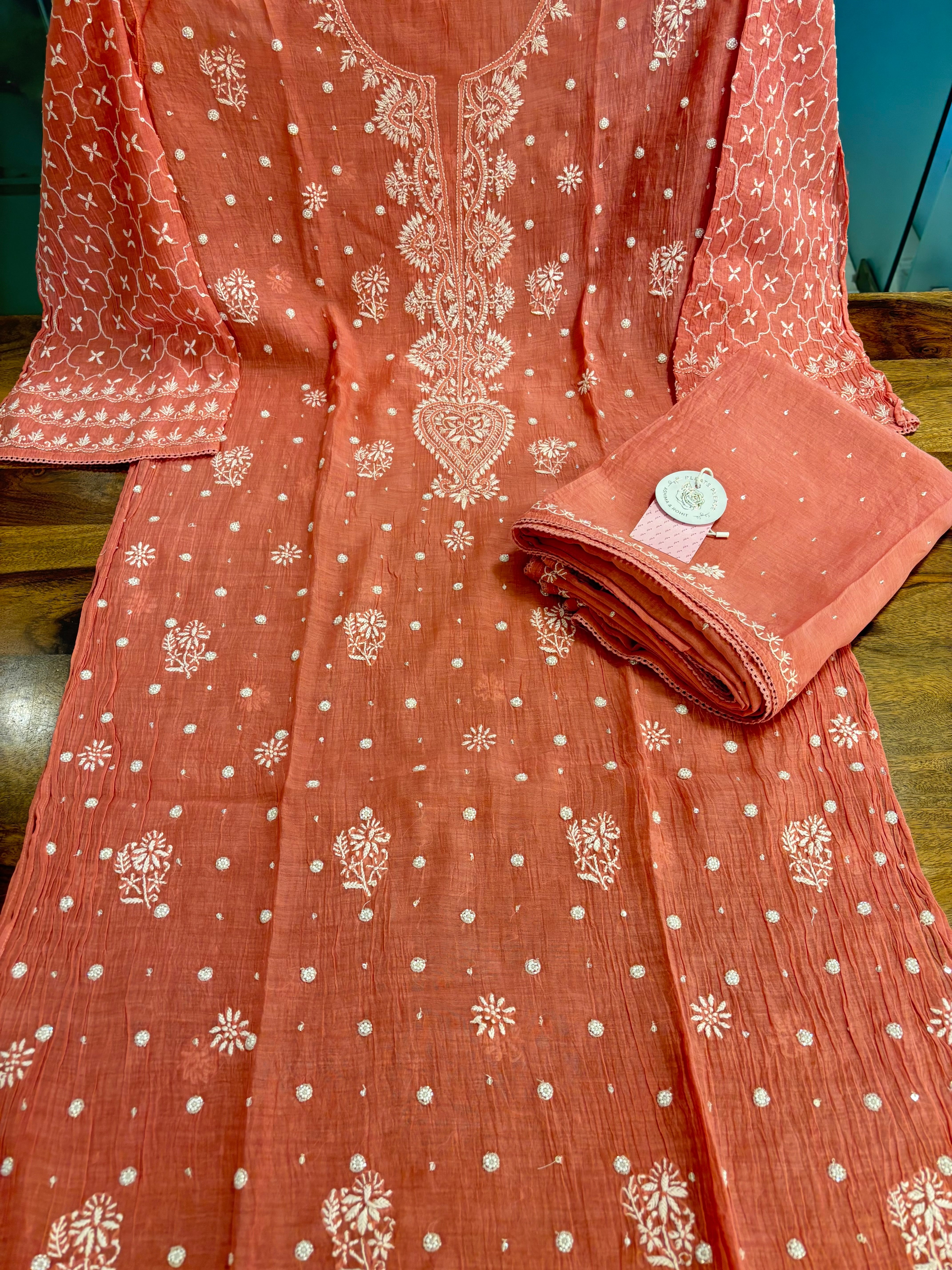 Peach Chanderi Mul Chikankari Kurta & Dupatta