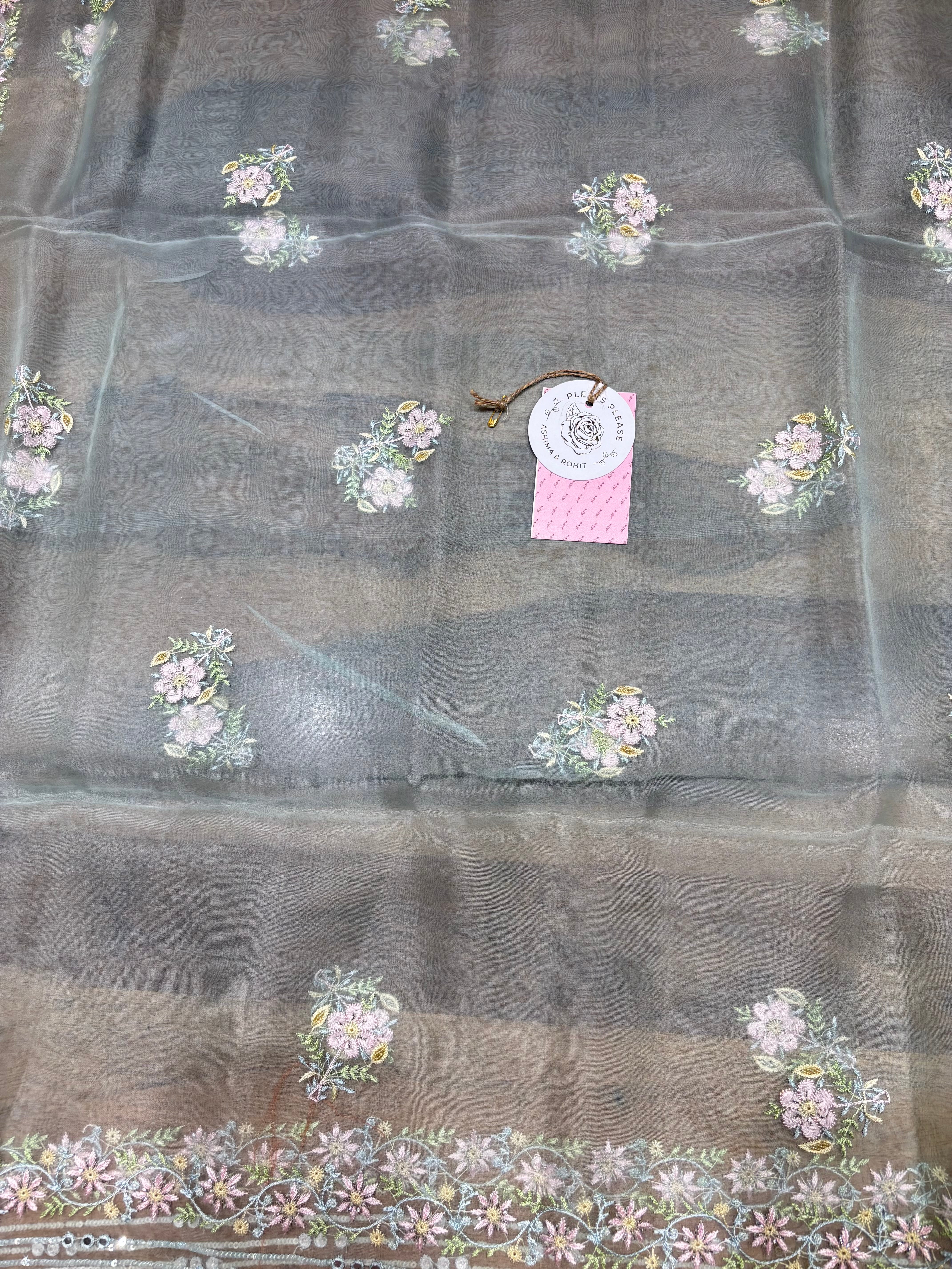 Sea Foam Pure & Premium Organza Silk Chikankari Kurta & Dupatta Fabric