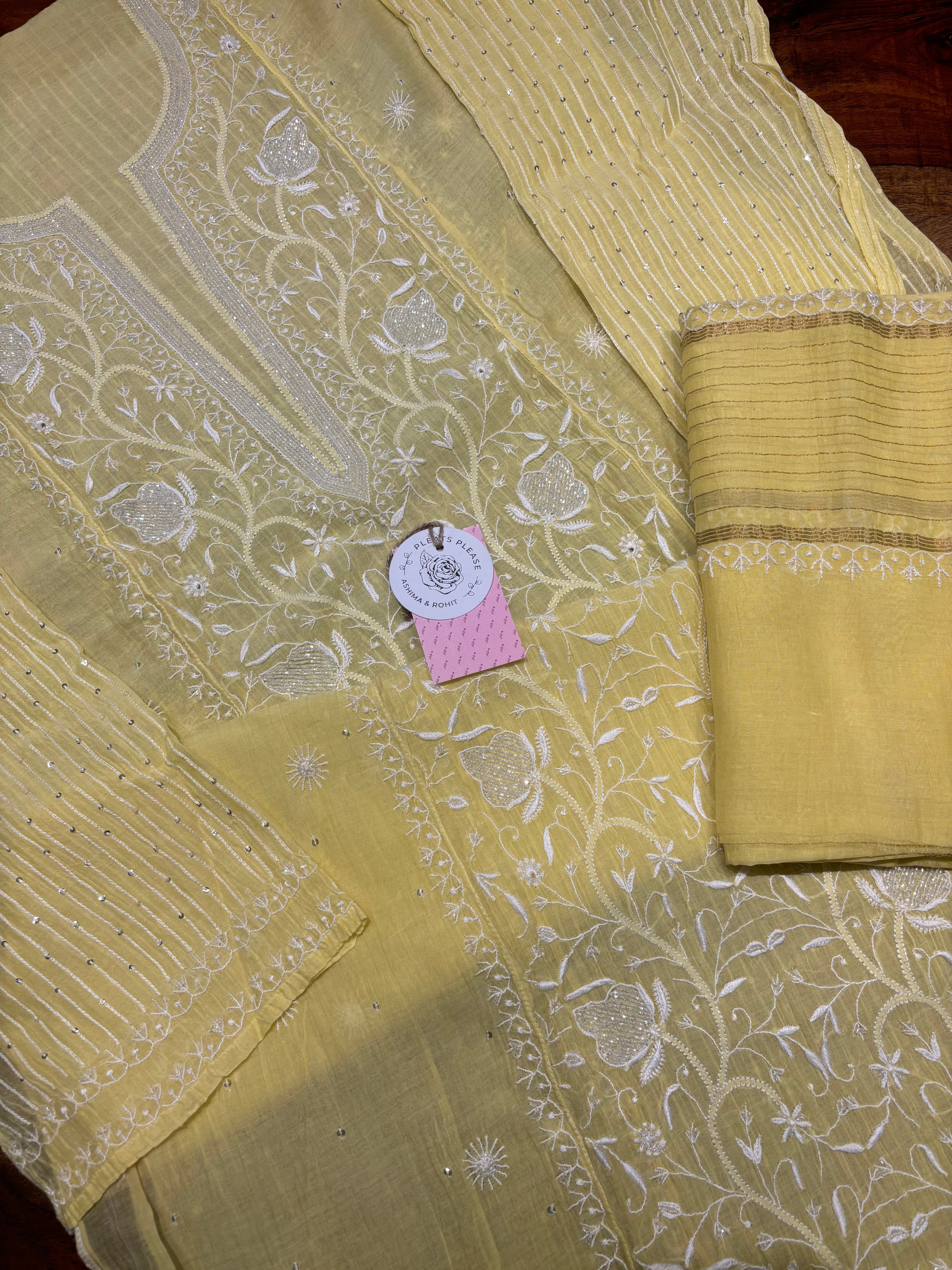 Yellow Chanderi Mul Chikankari Kurta & Dupatta Set