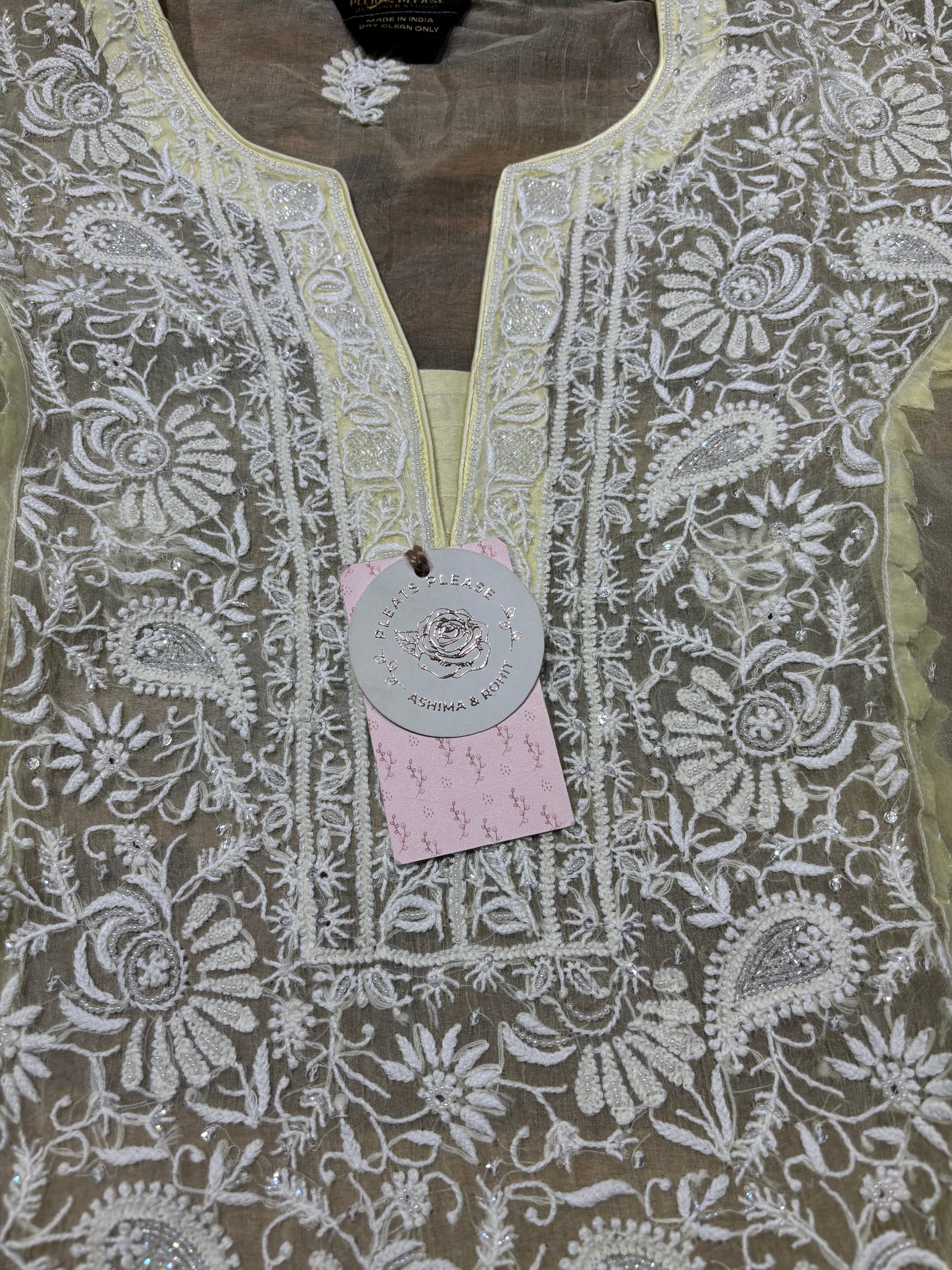 Lime Yellow Pure And Premium Organza Silk Chikankari Kurta And Dupatta Set