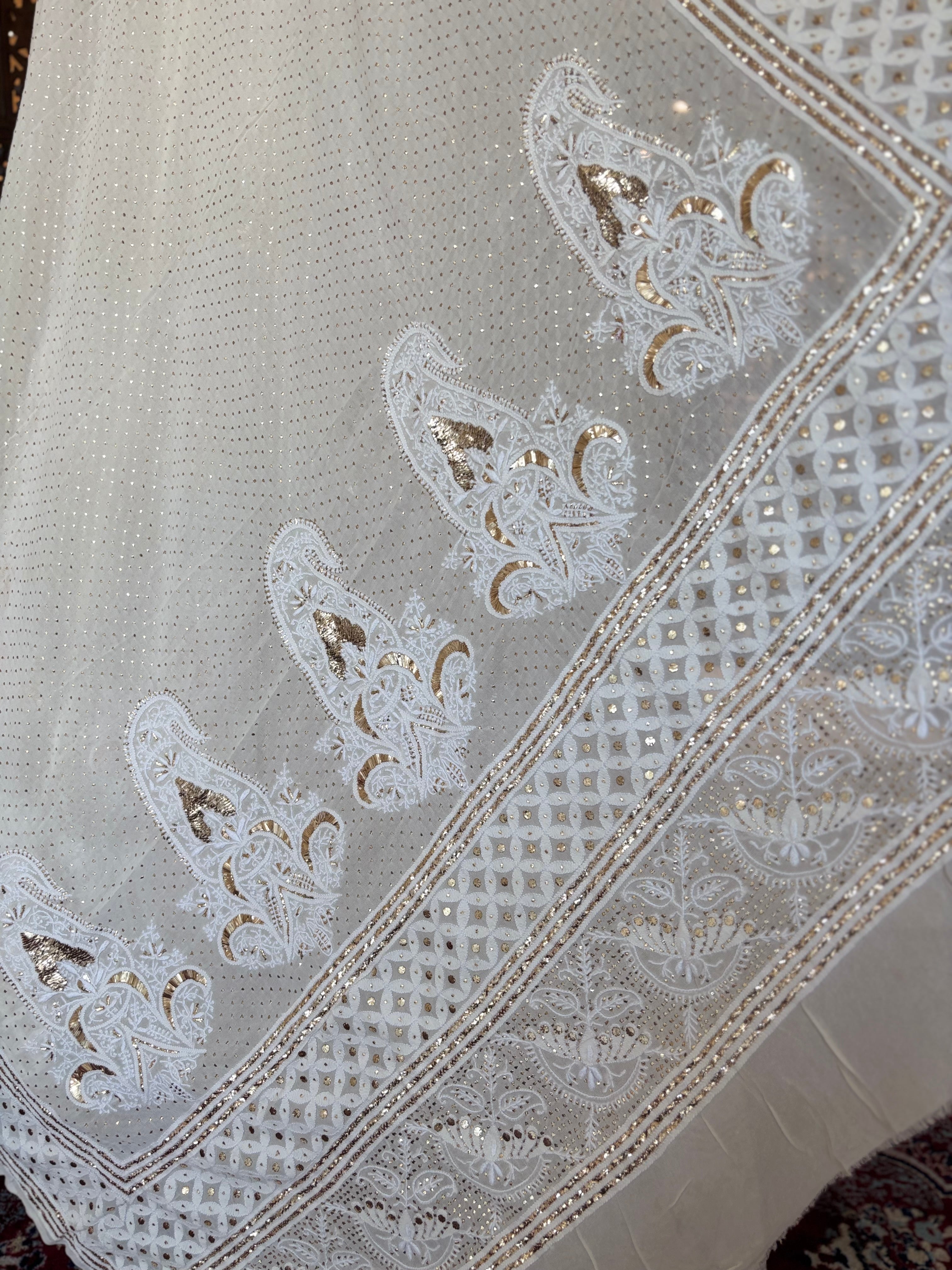 White Dyeable Pure & Premium Georgette Mukaish Chikankari Lehenga - Pleats PleaseChikankari