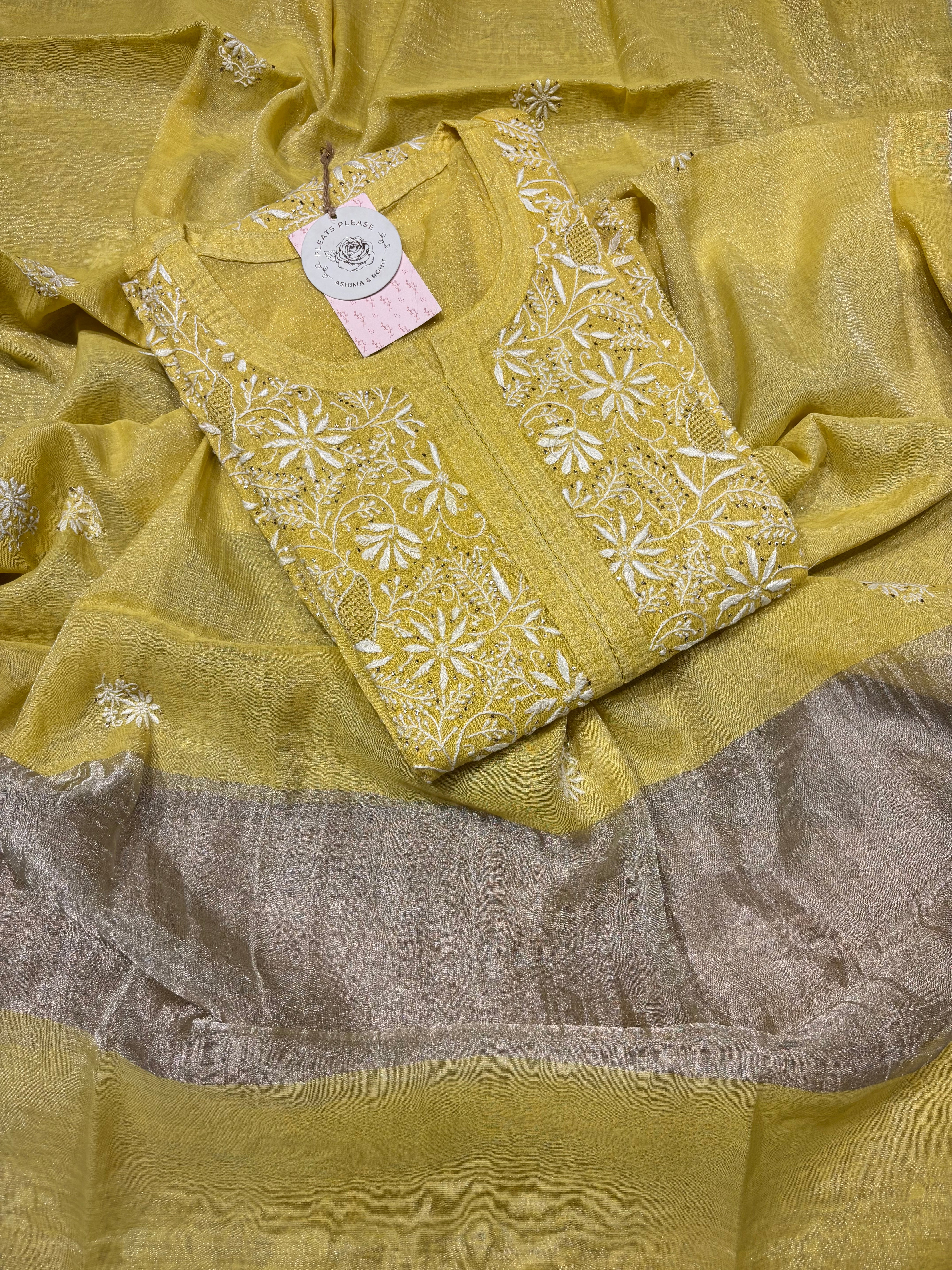 Lime yellow Pure Tissue Chikankari Kurta and Dupatta set