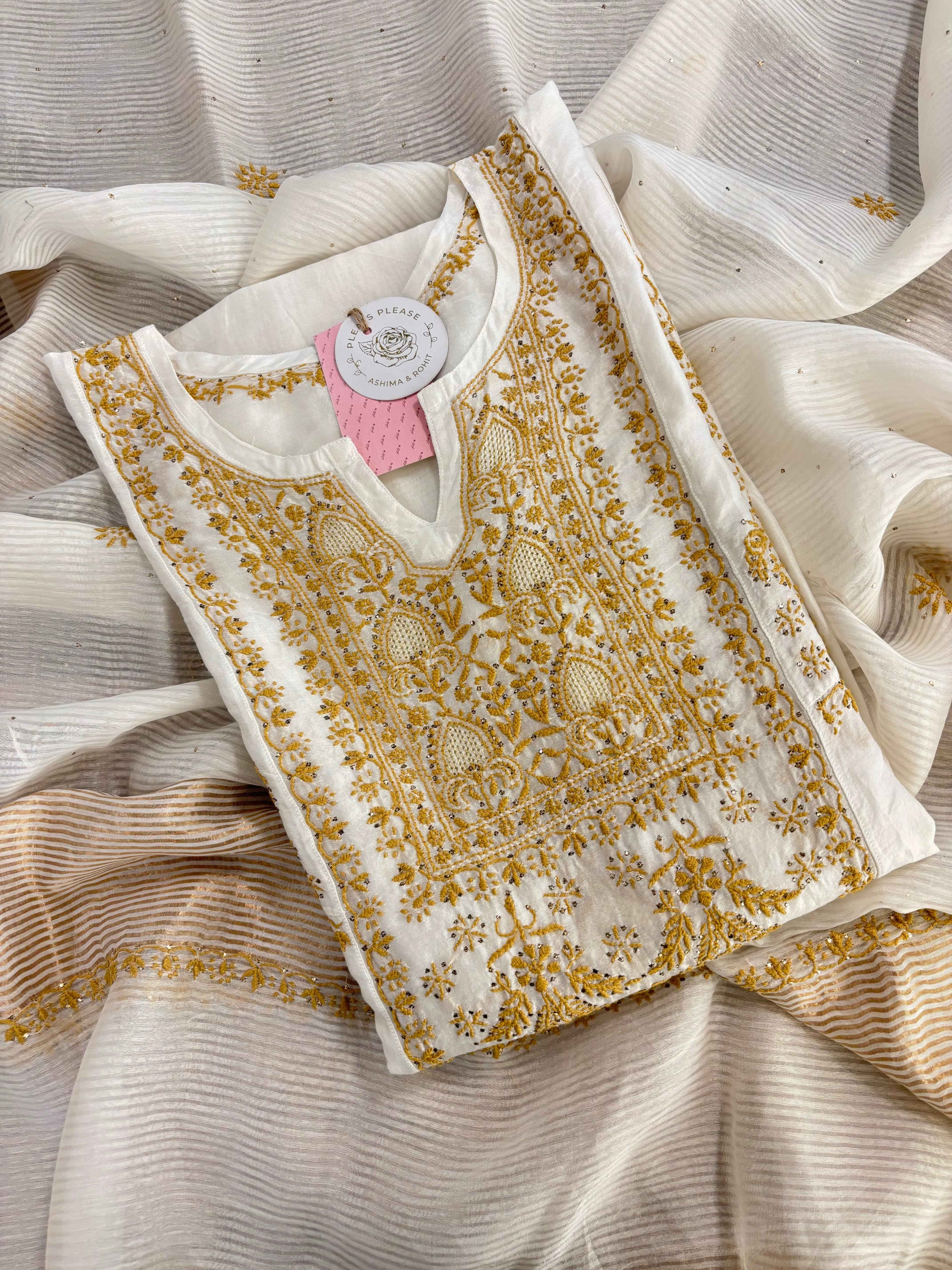 Dyeable Chanderi Chikankari Mukaish Anarkali & Dupatta Set
