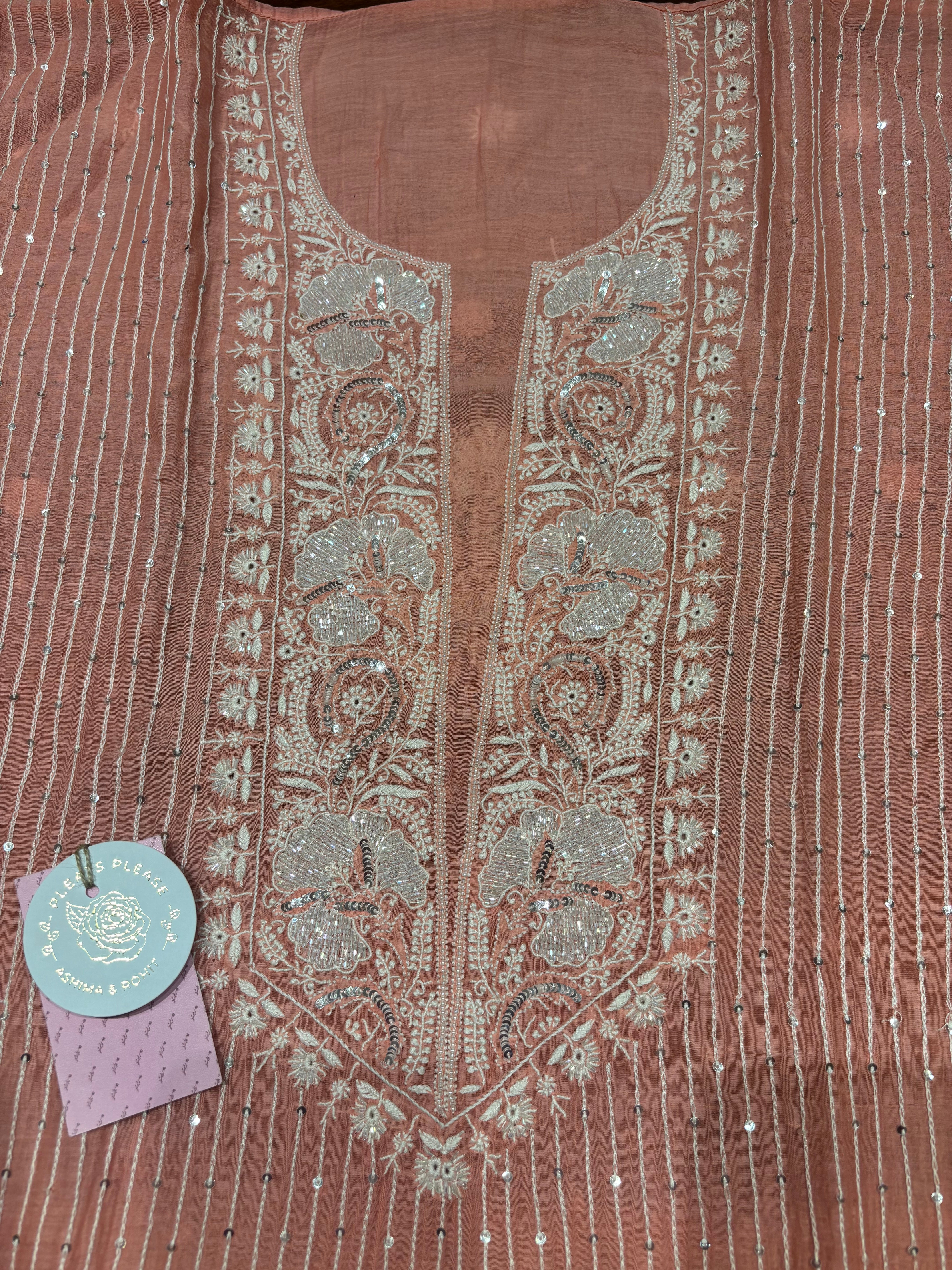 Coral Pink Chanderi Mul Chikankari Kurta & Dupatta Set