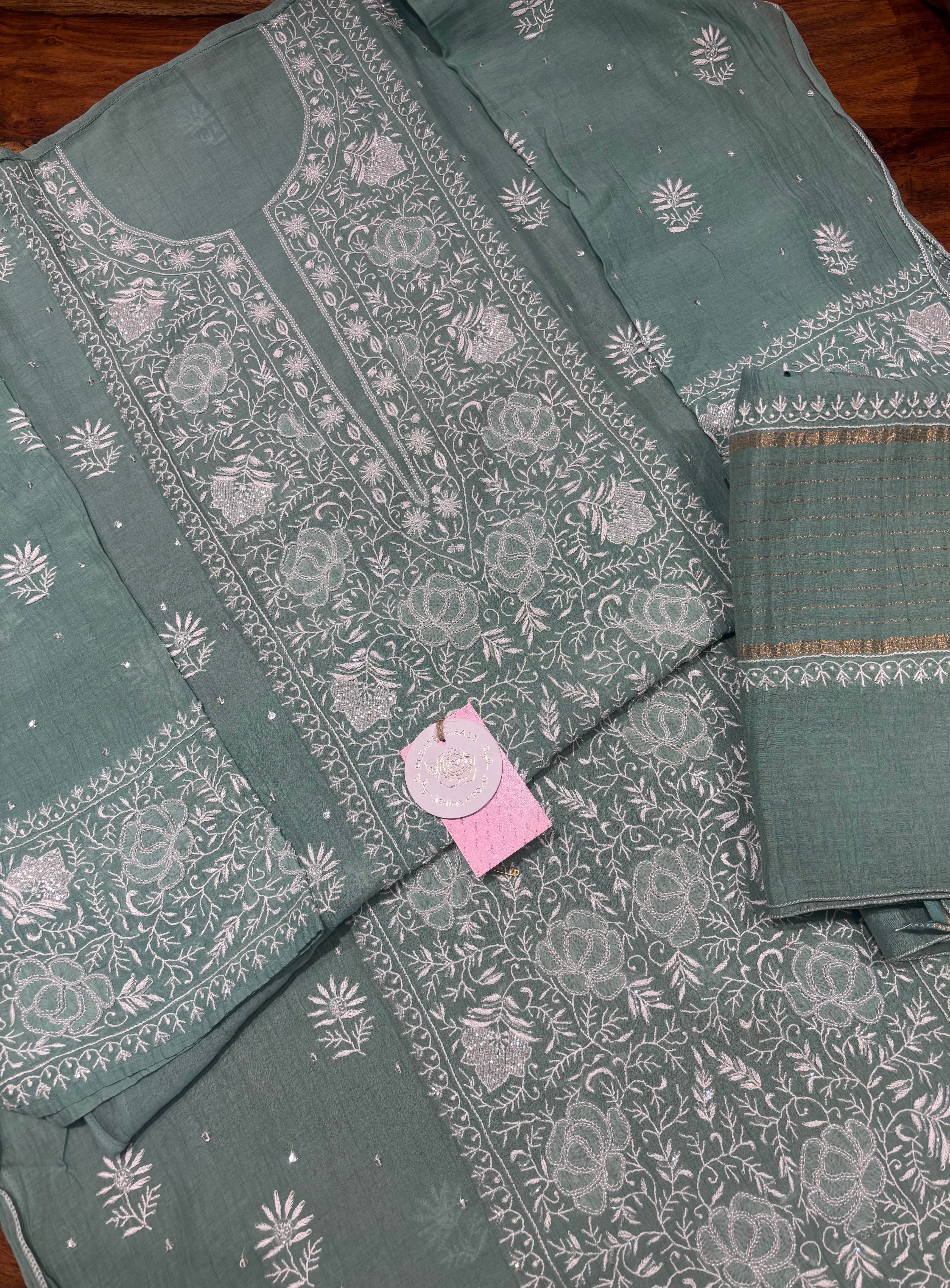 Jade Green Chanderi Mul Chikankari Kurta & Dupatta Set